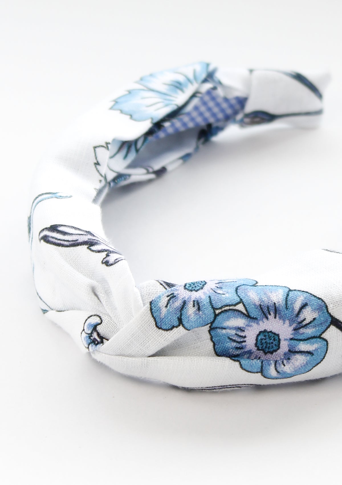 Printed Linen Knotted Headband | Botany Print White & Blue