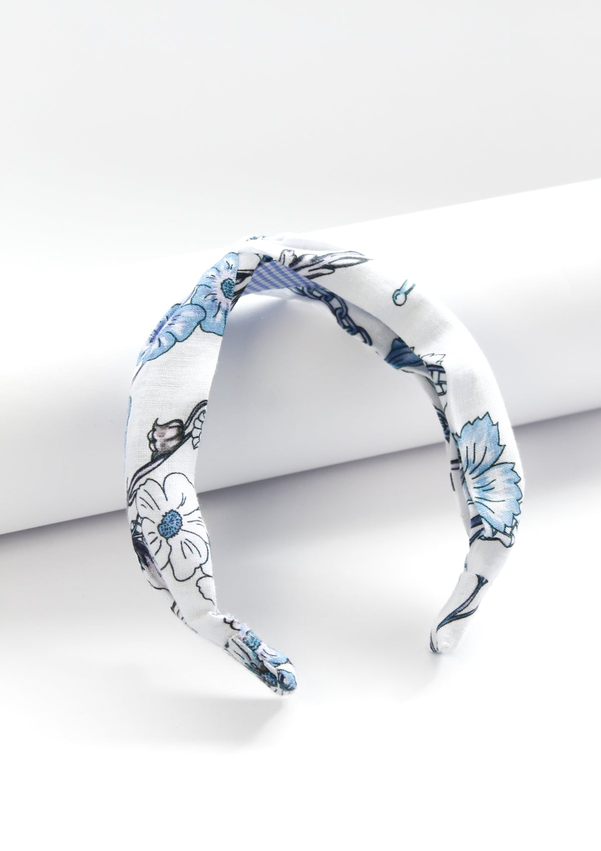 Printed Linen Knotted Headband | Botany Print White & Blue