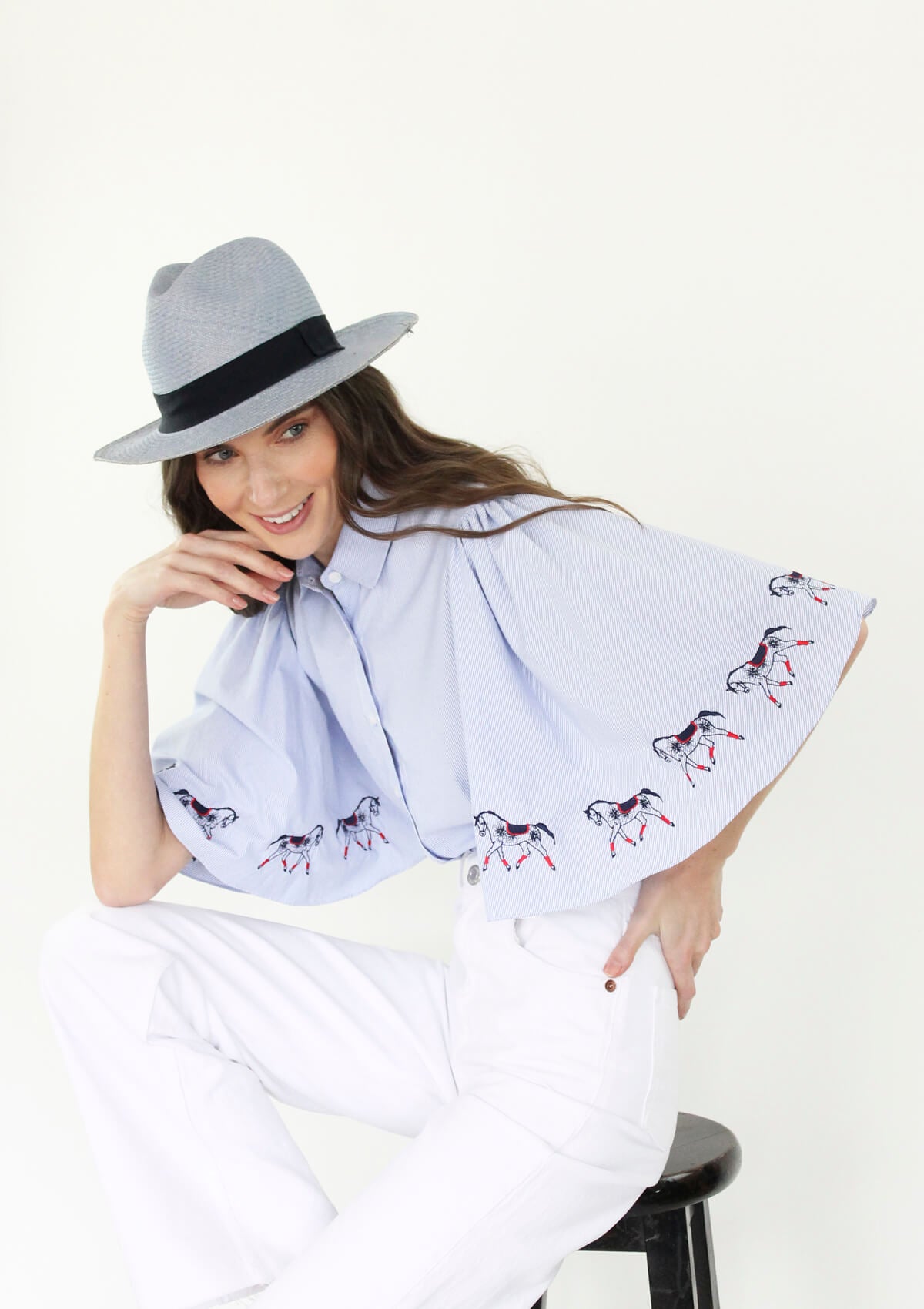 Simone Blouse | Embroidered Sleeves | Blue