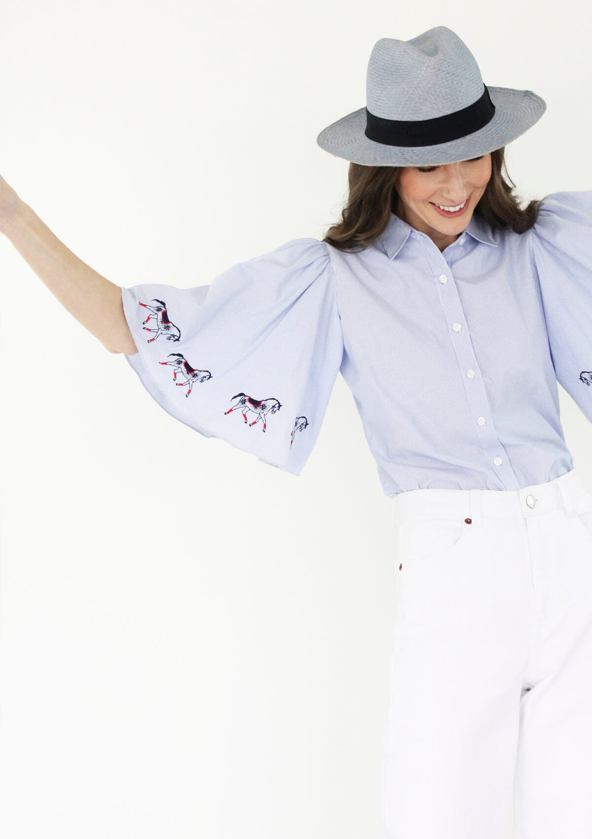 Simone Blouse | Embroidered Sleeves | Blue