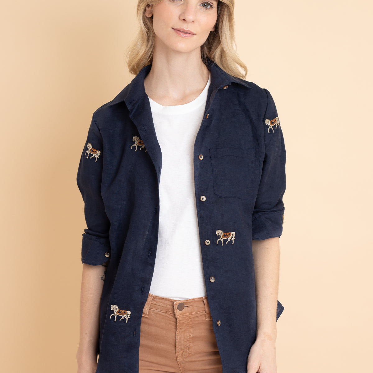 Sundown Linen Shirt | Long Sleeve | Embroidered | Navy | Rönner Sundown Linen Shirt | Long Sleeve | Embroidered | Navy | Rönner