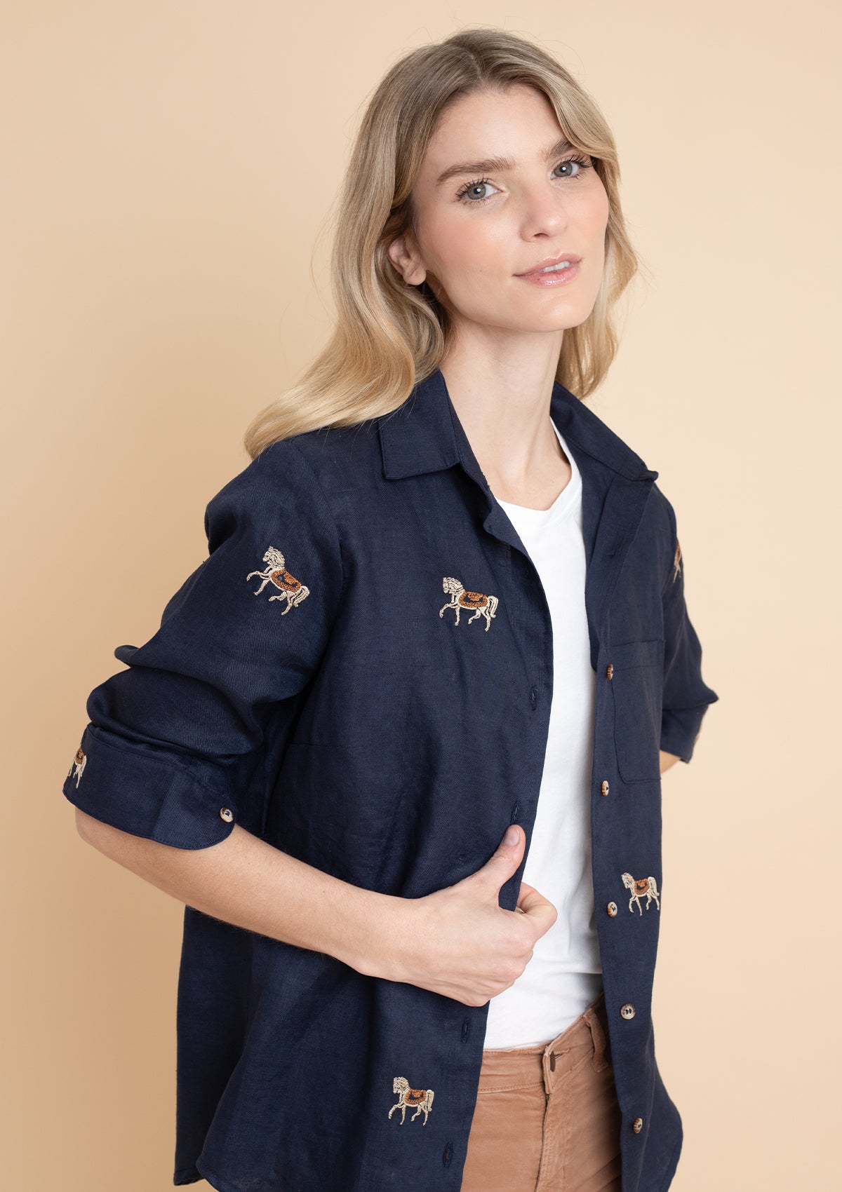 Sundown Embroidered Horses Linen Shirt | Navy