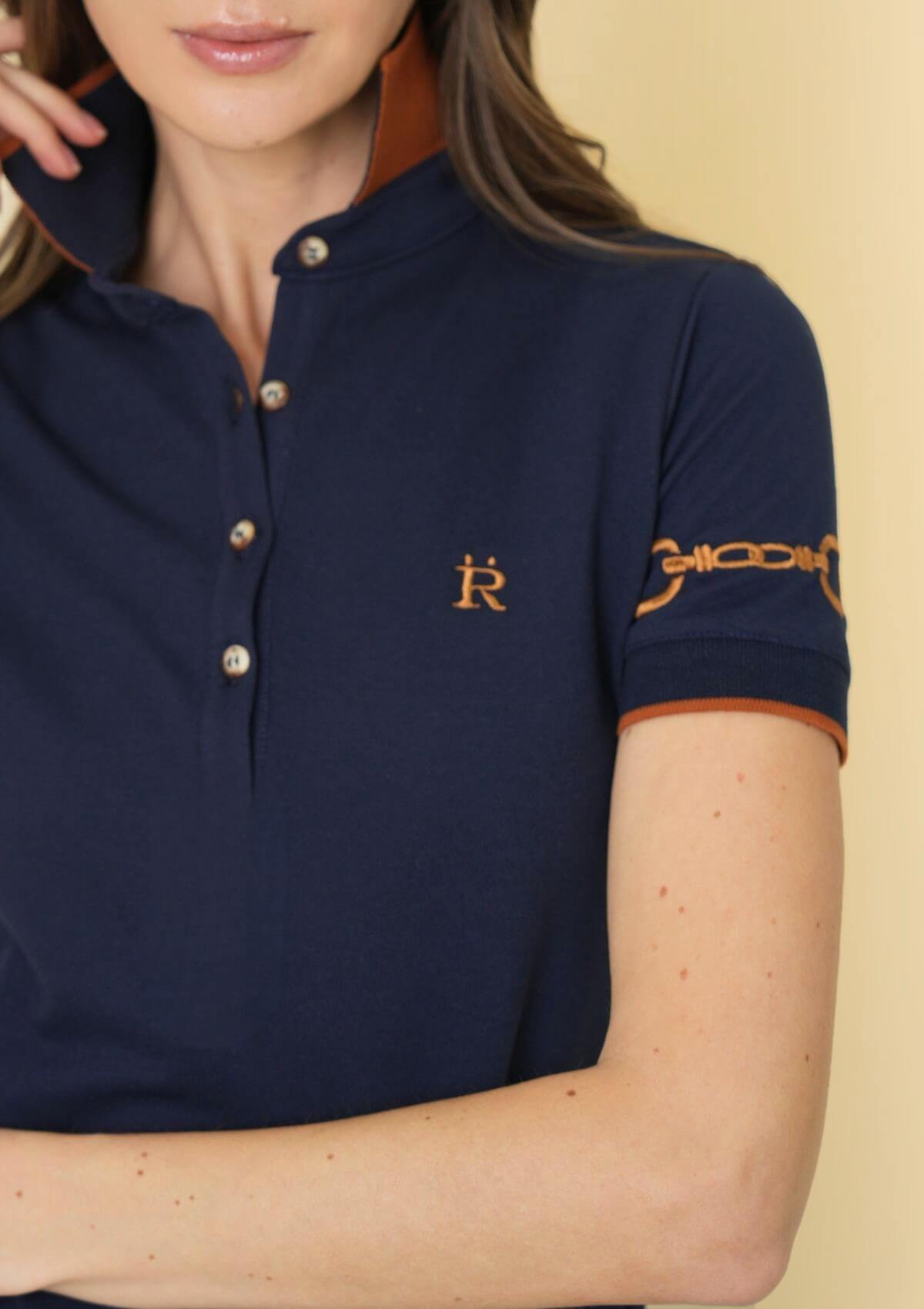 a Equestrian Polo-Shirt Short Sleeve Navy with Cognac
