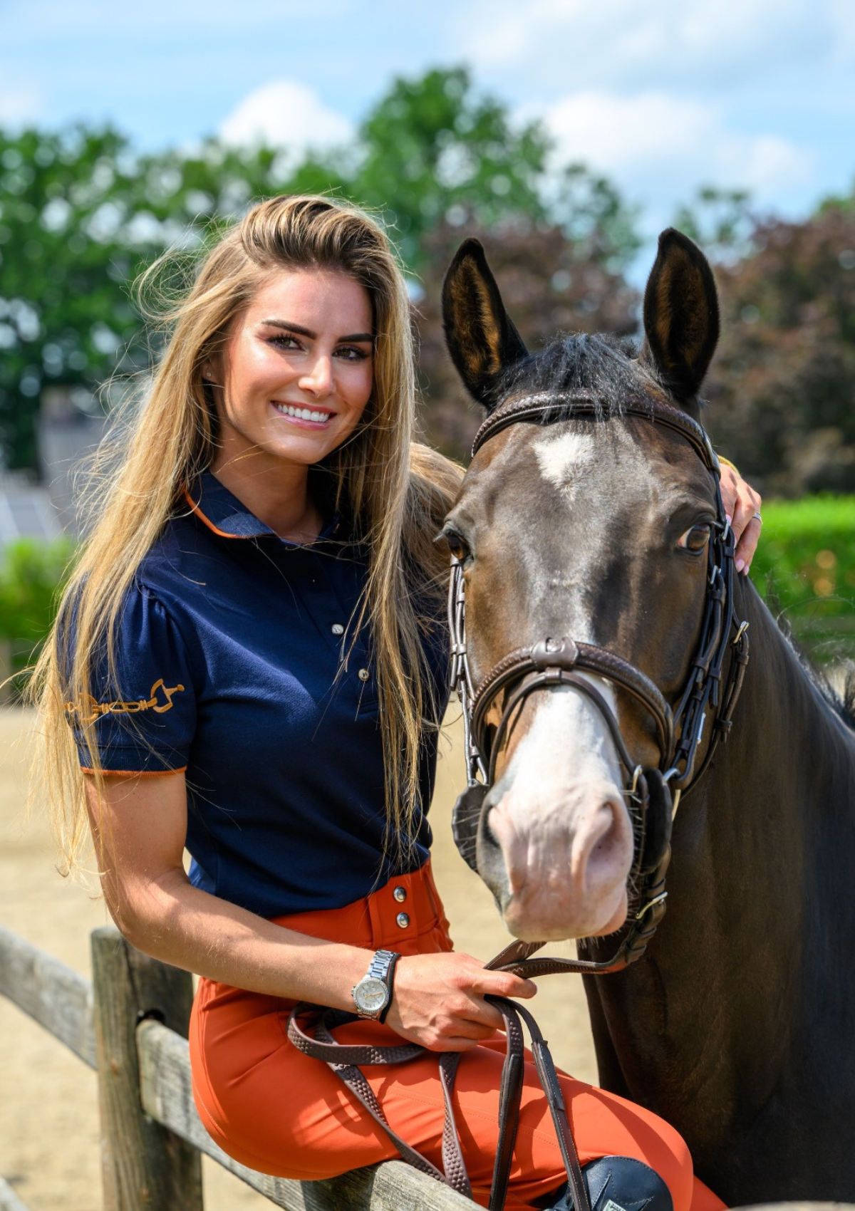 a Equestrian Polo-Shirt Short Sleeve Navy with Cognac