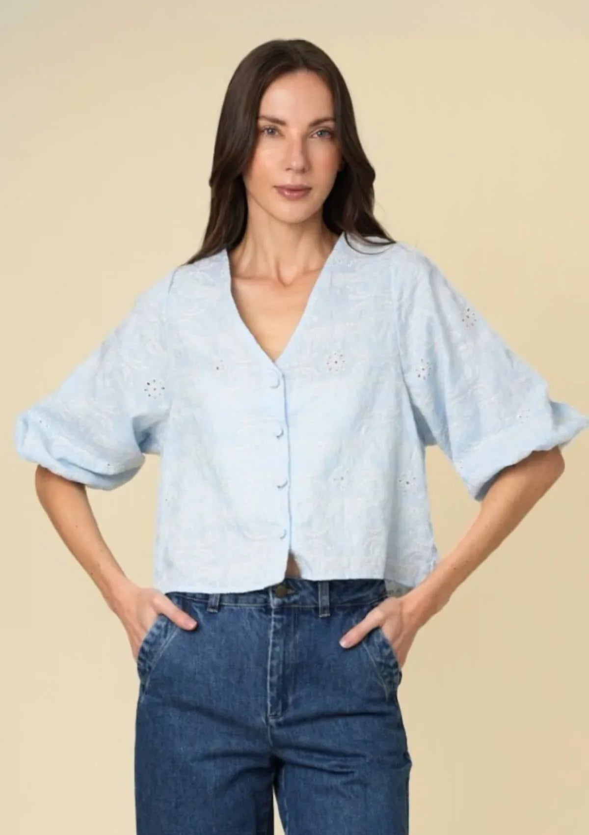 Alma Linen Blouse | Embroidered | Baby Blue - RönnerBlousesXS