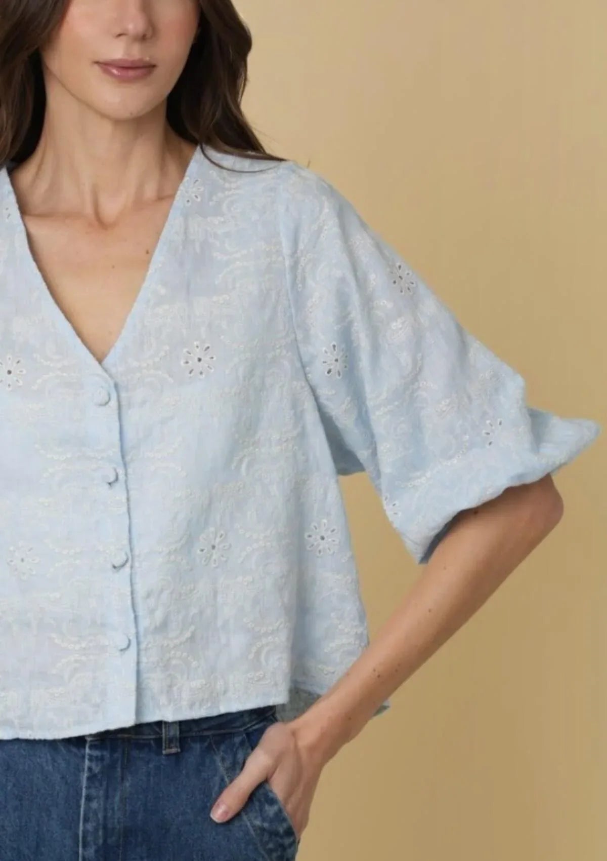 Alma Linen Blouse | Embroidered | Baby Blue - RönnerBlousesXS