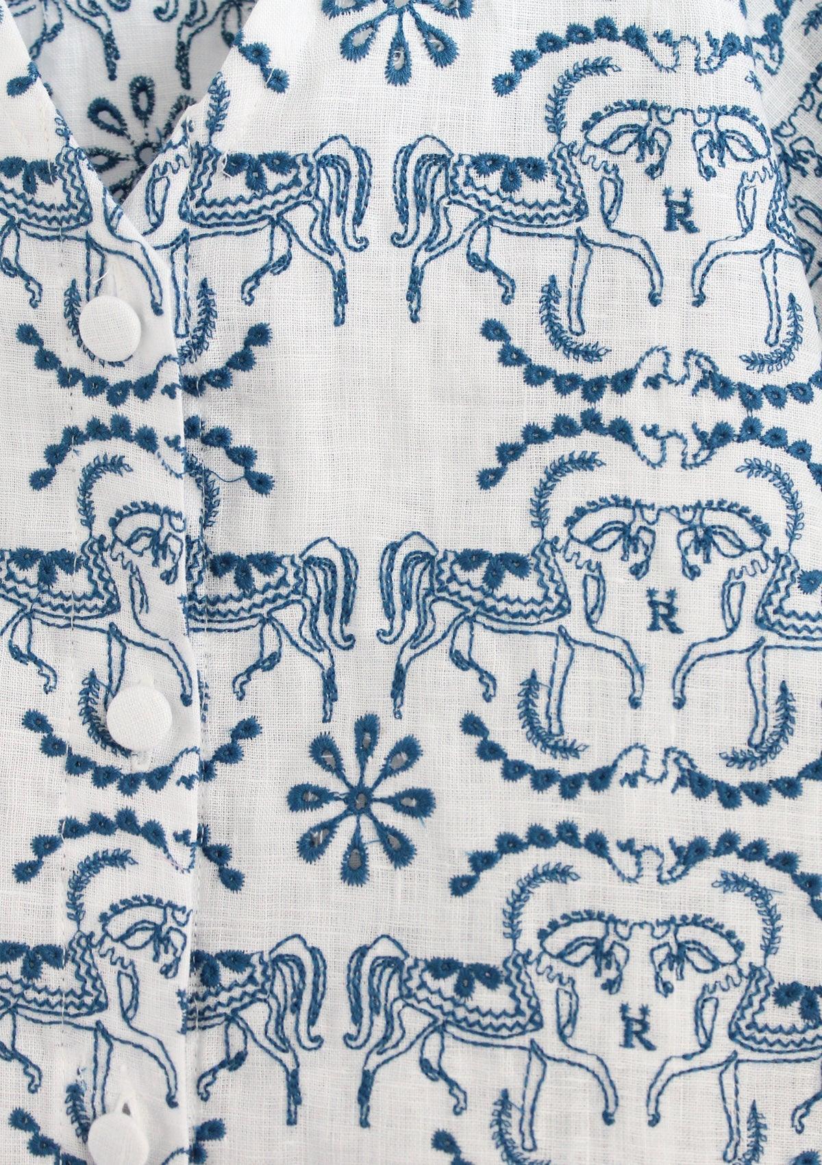 Alma Linen Blouse | Embroidered | White & Blue - RönnerBlousesS