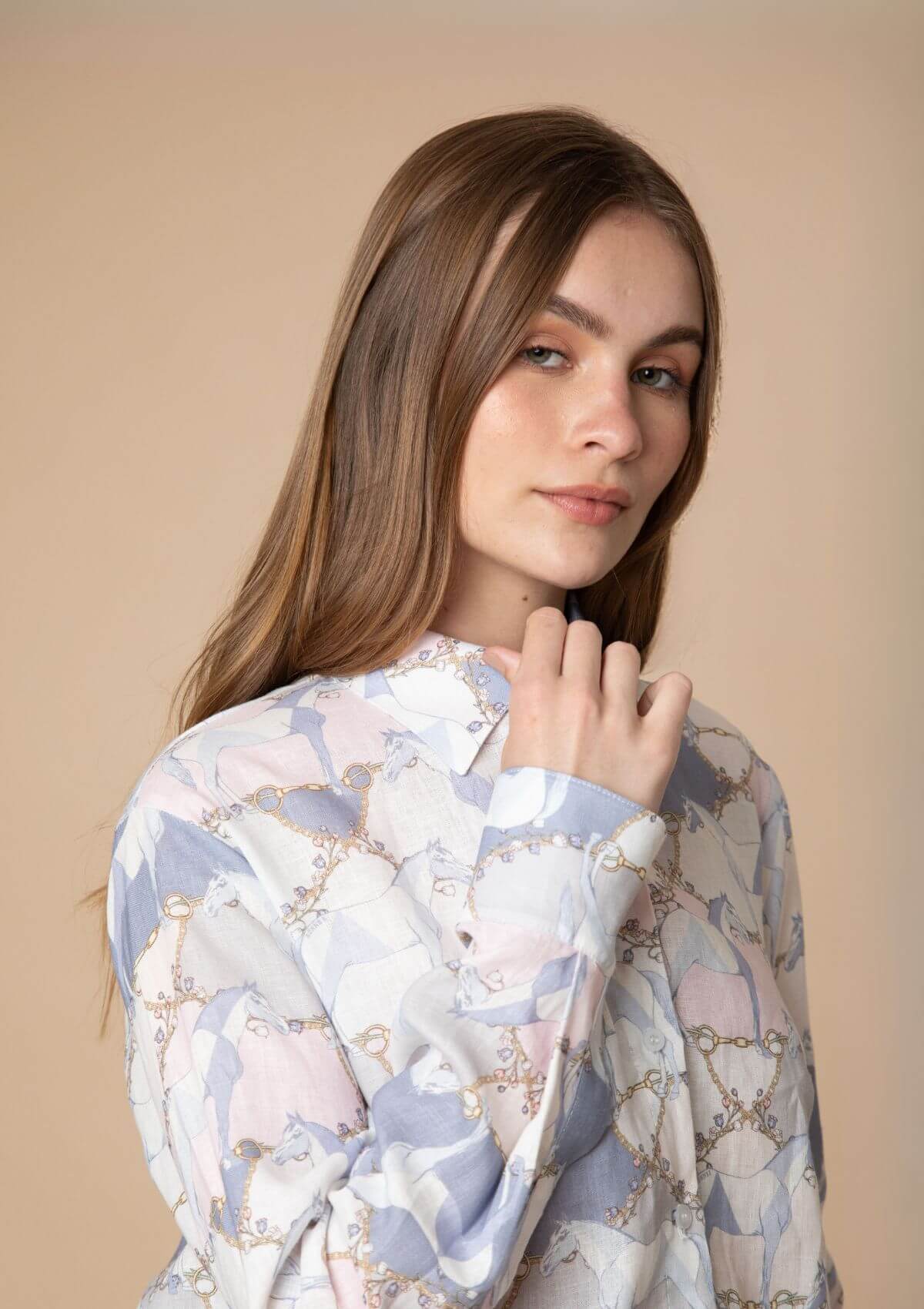 Basic Linen Shirt | Geo Horses Print | Pastel