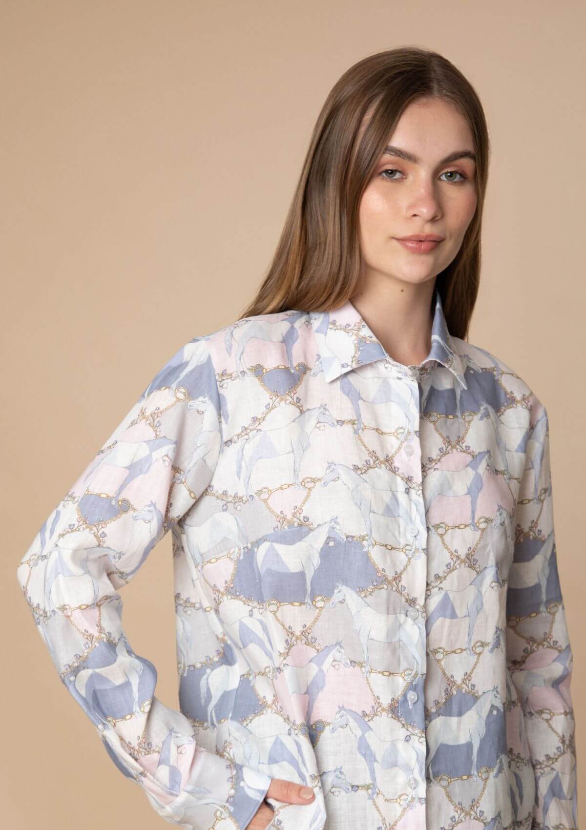 Basic Linen Shirt | Geo Horses Print | Pastel