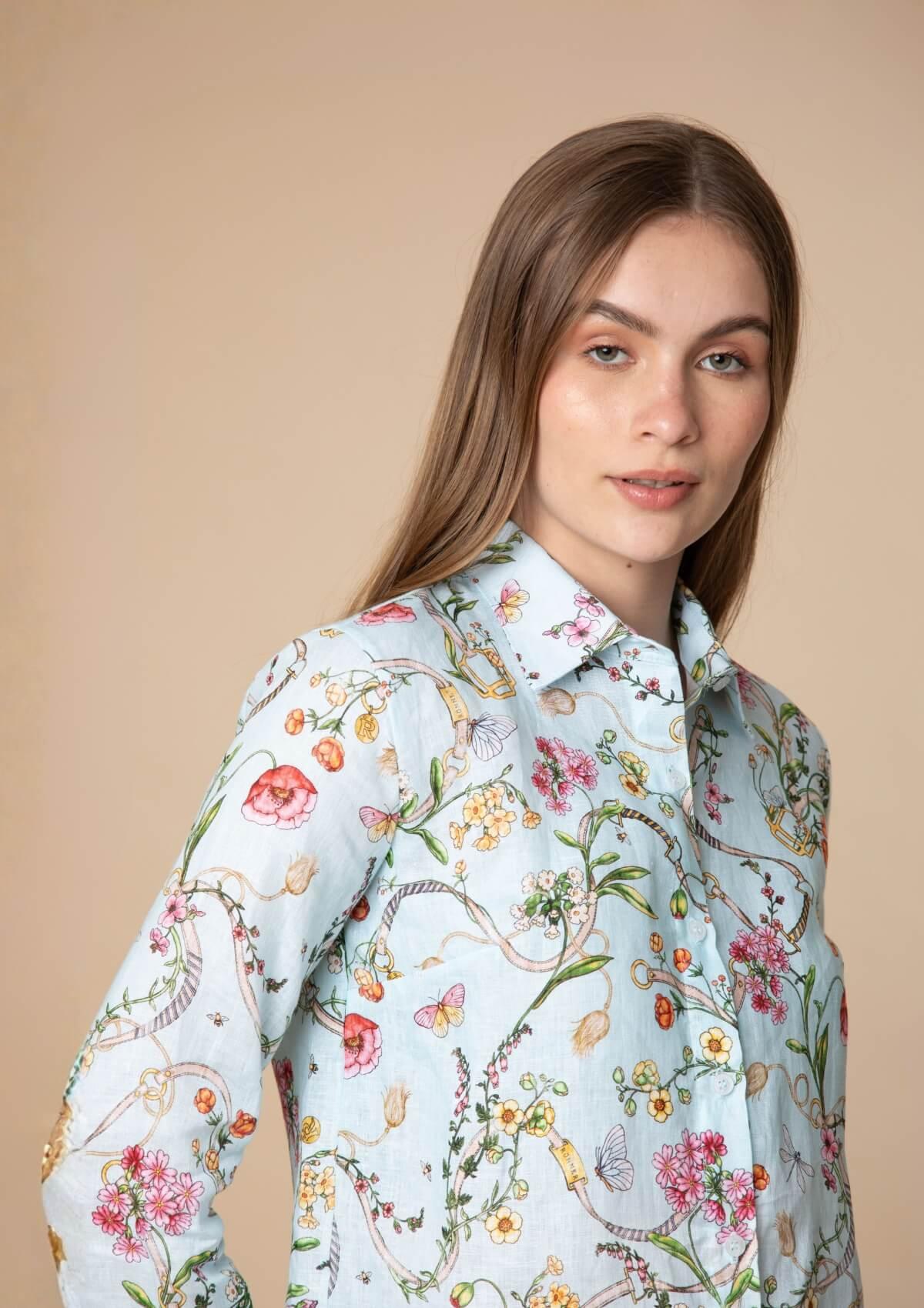 Basic Linen Shirt | Herbaria Print | Aqua - RönnerShirtXS