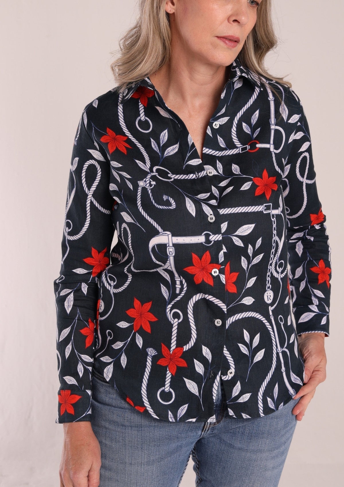 Basic Linen Shirt | Navy Ropes Print - RönnerXS