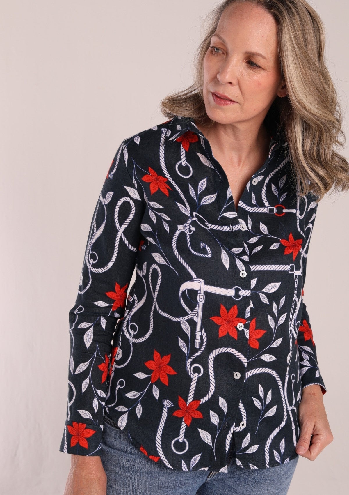 Basic Linen Shirt | Navy Ropes Print - RönnerXS