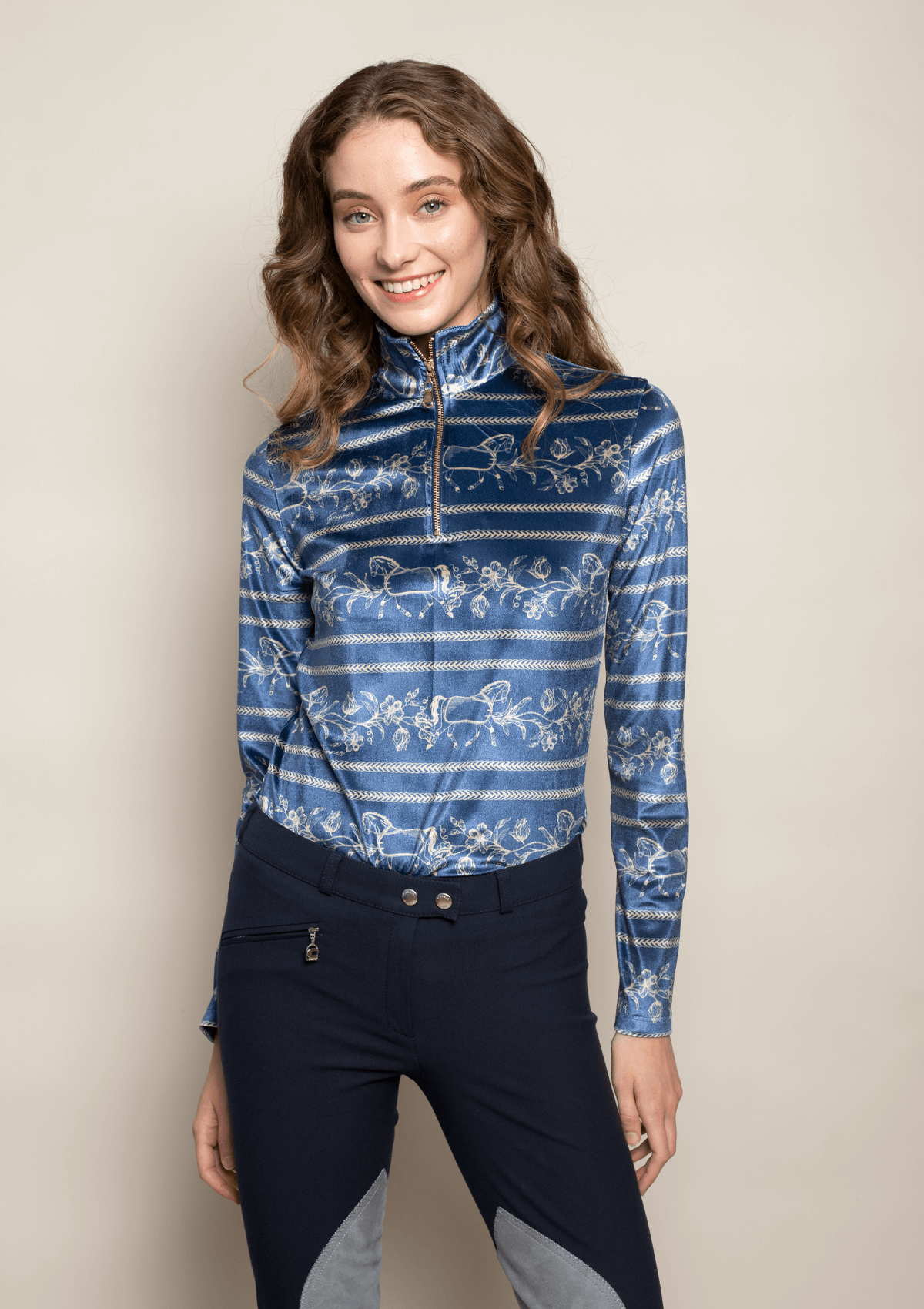 Velour Quarter-Zip Velvet Stretch | Long Sleeve | Dancing Horses Navy