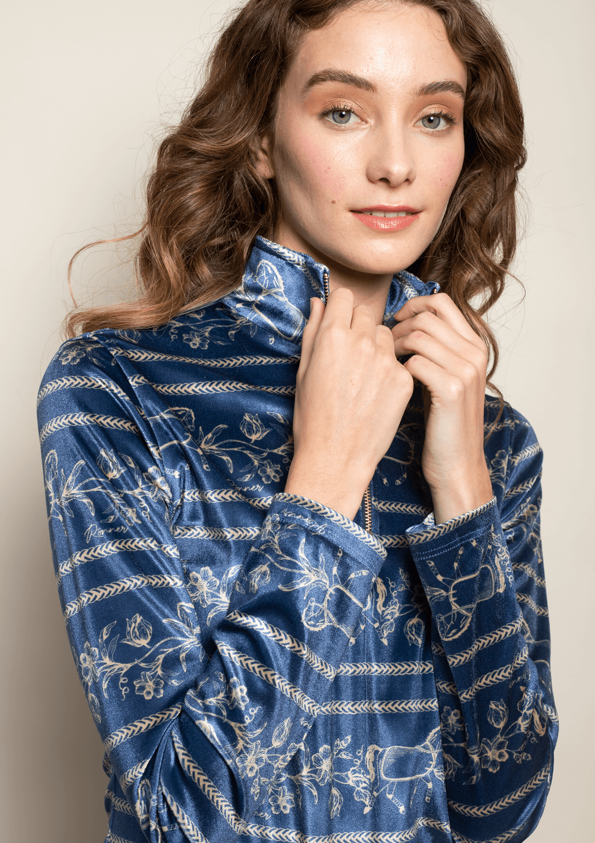 Velour Quarter-Zip Velvet Stretch | Long Sleeve | Dancing Horses Navy