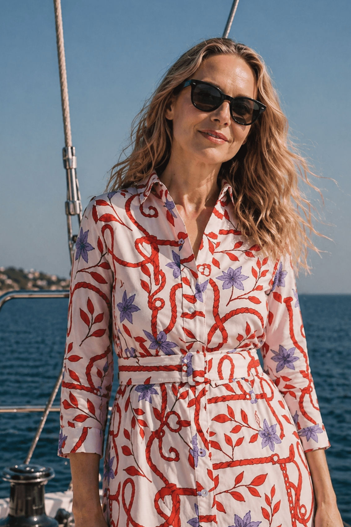 Dimache Linen Dress |Ropes Print - White & Red - RönnerDressXS