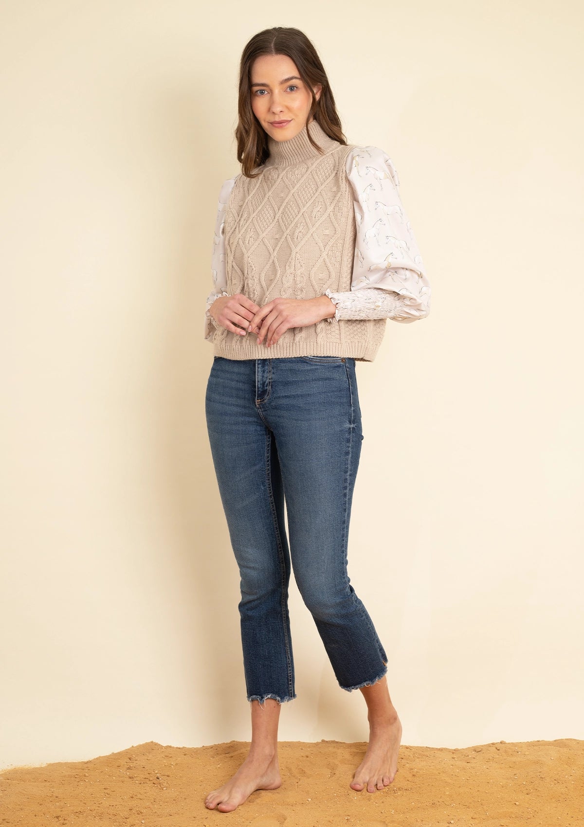 Ellie Cable Knit Sweater with Printed Sleeves - Rönner