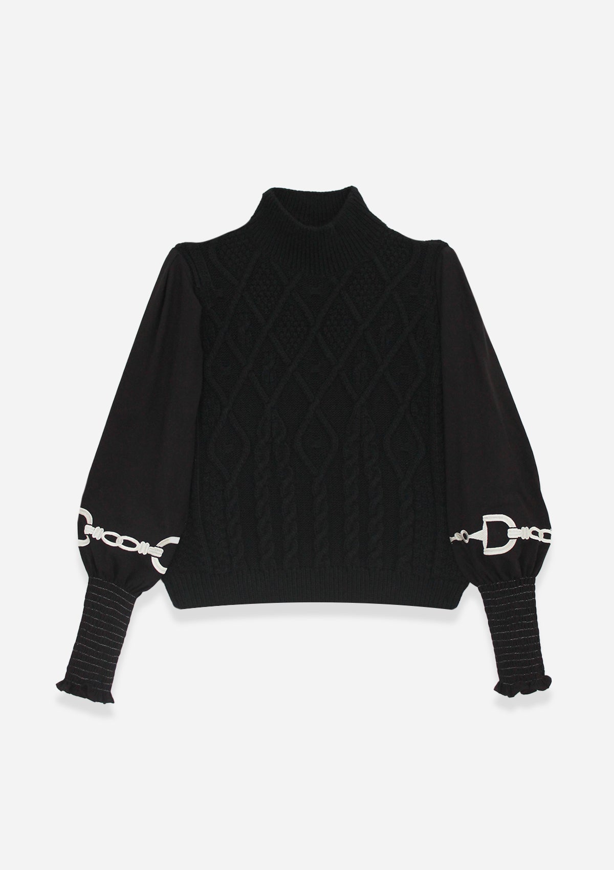 Ellie Cable Knit Sweater with Embroidered Sleeves | Black