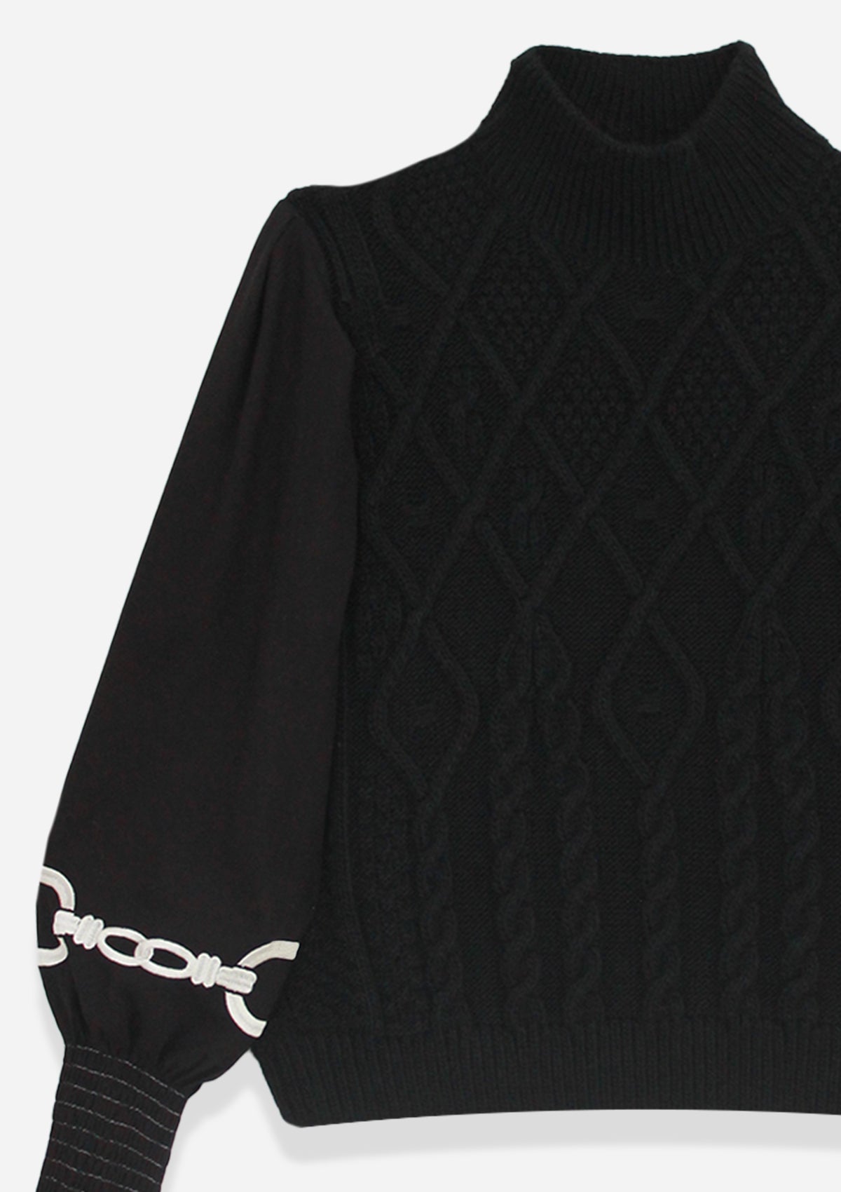 Ellie Cable Knit Sweater with Embroidered Sleeves | Black