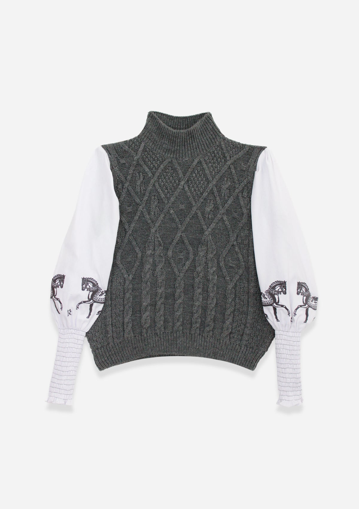 Ellie Cable Knit Sweater with Embroidered Sleeves | Grey