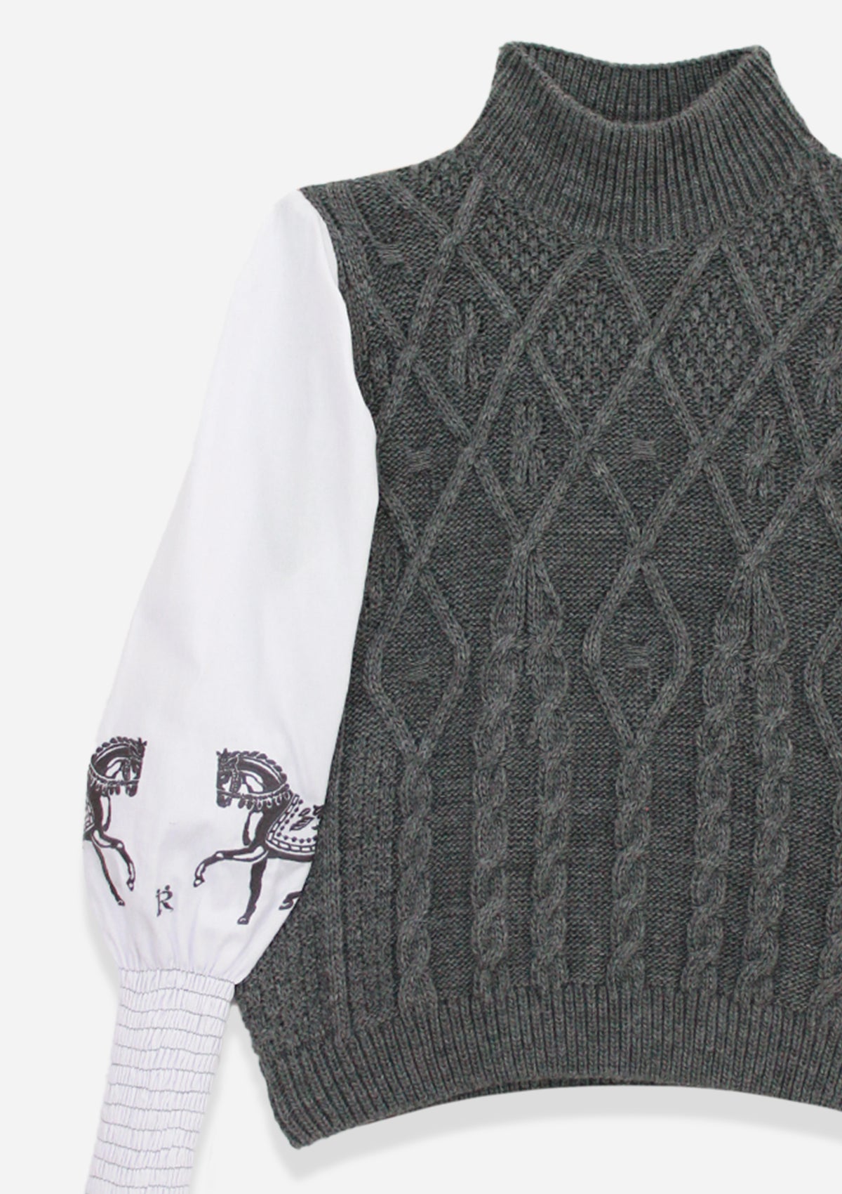 Ellie Cable Knit Sweater with Embroidered Sleeves | Grey