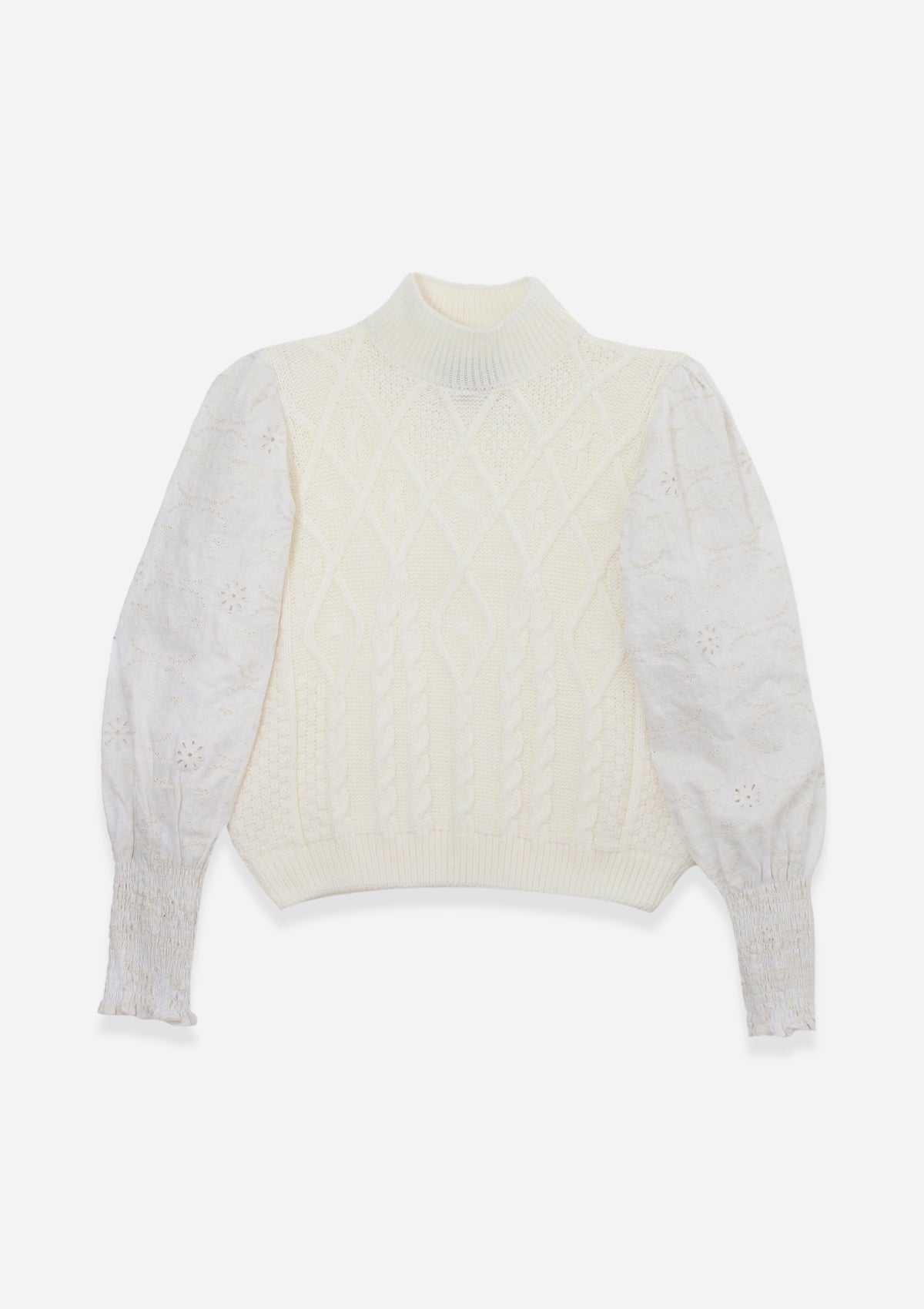 Ellie Cable Knit Sweater with Embroidered Sleeves | White