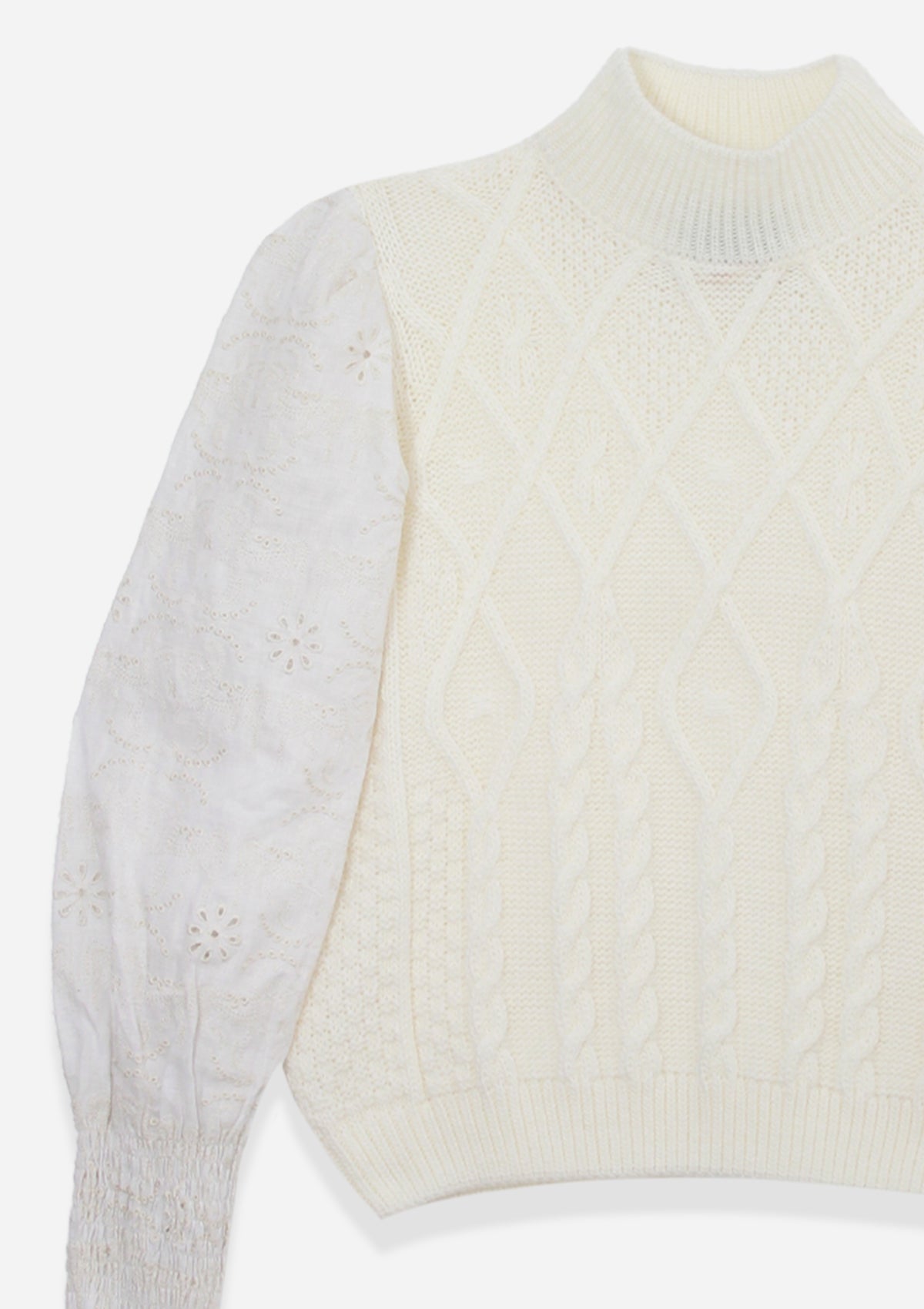 Ellie Cable Knit Sweater with Embroidered Sleeves | White