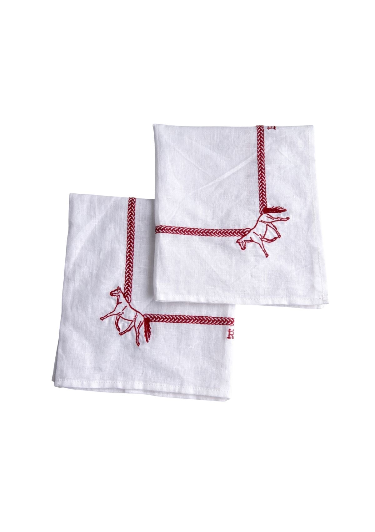 Embroidered Linen Dinner Napkins Horses | White/Red - RönnernapkinsRed