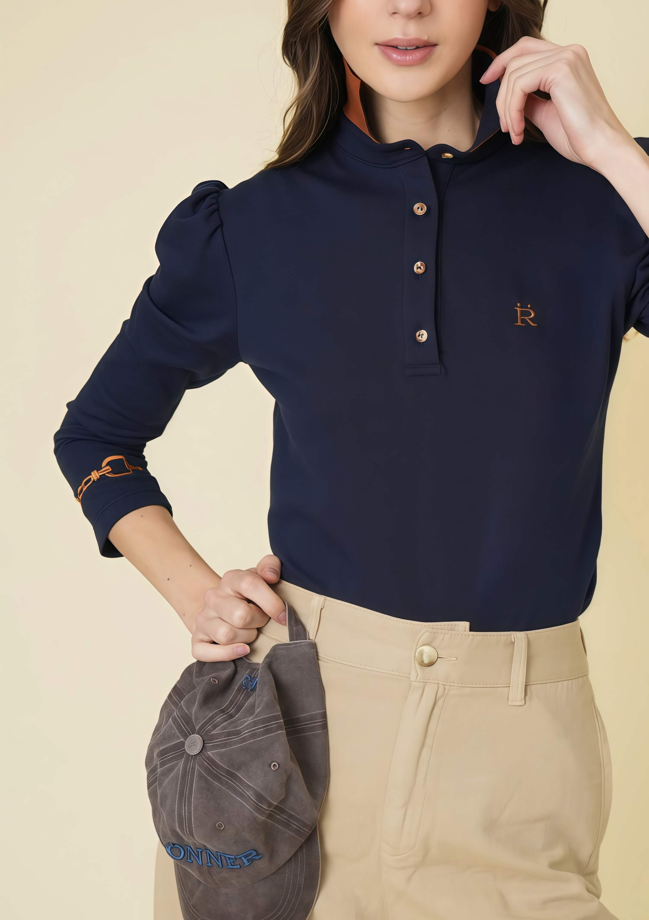 The Equestrian Polo-Shirt | Long Sleeve | Navy & Cognac