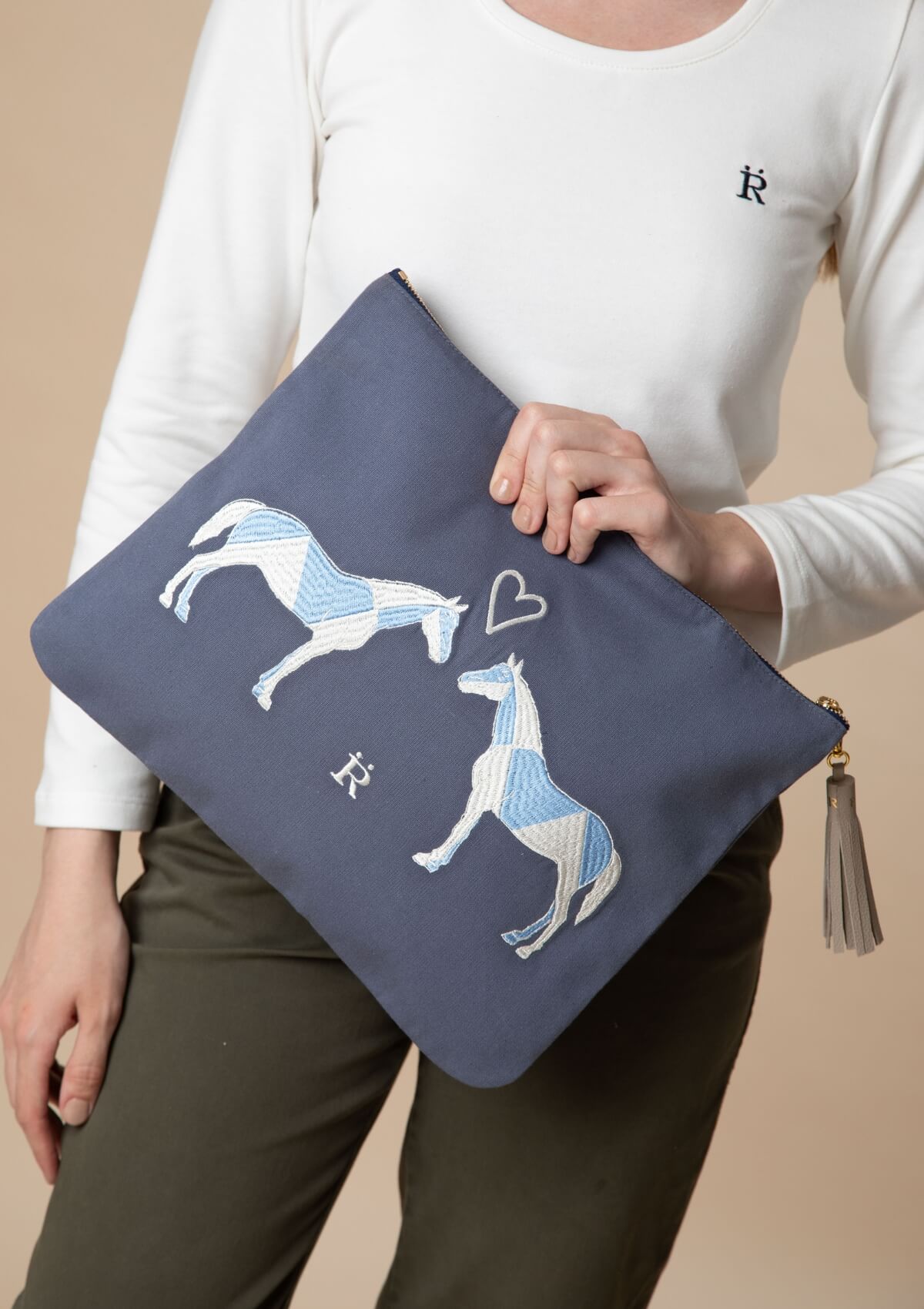 Geo Horses Embroidered Pouch | Blue