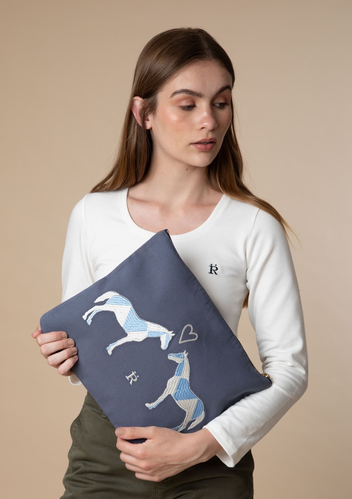 Geo Horses Embroidered Pouch | Blue - RönnerPouchBlue