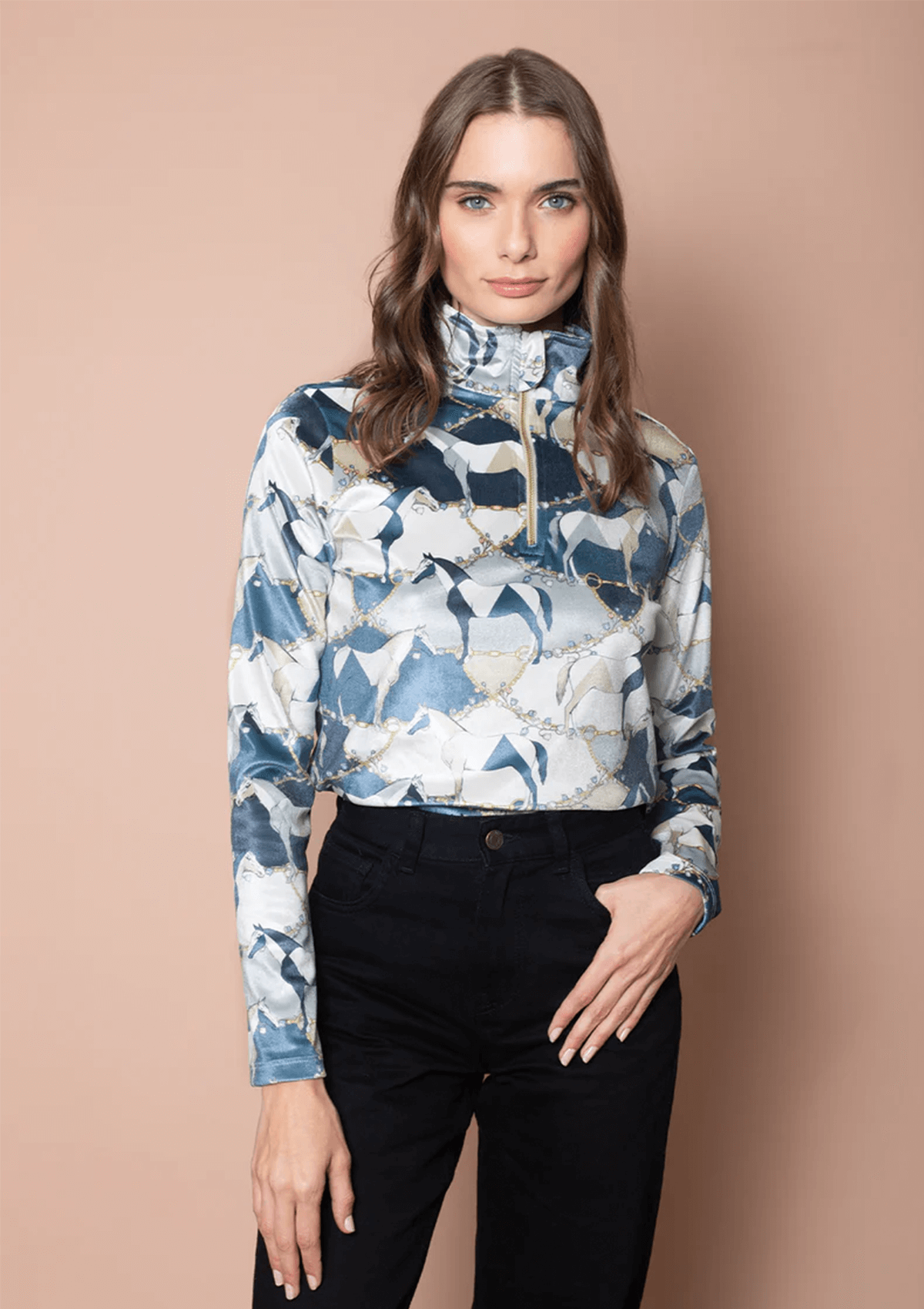 Velour Quarter-Zip Velvet Stretch | Long Sleeve | Geo Horses Print | Navy