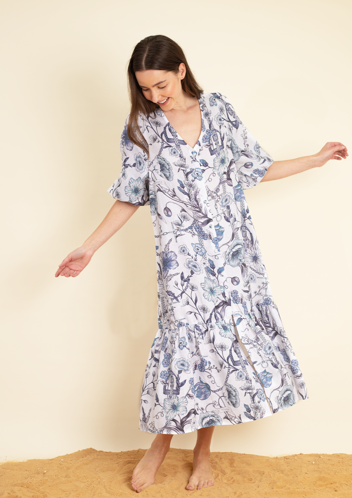 Harper Linen Dress | Blue and White Botany Print
