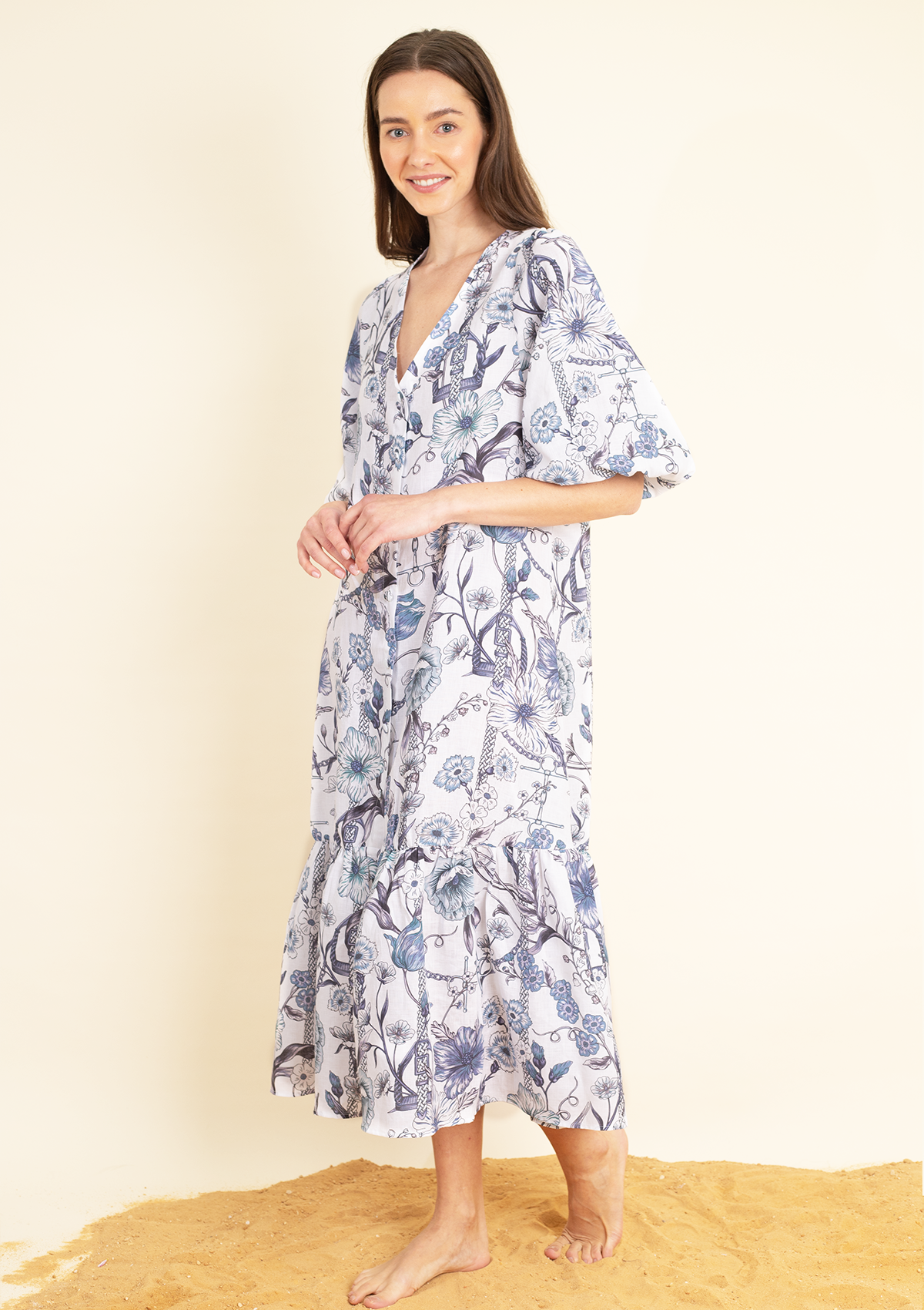 Harper Linen Dress | Botany Print Navy - Rönner