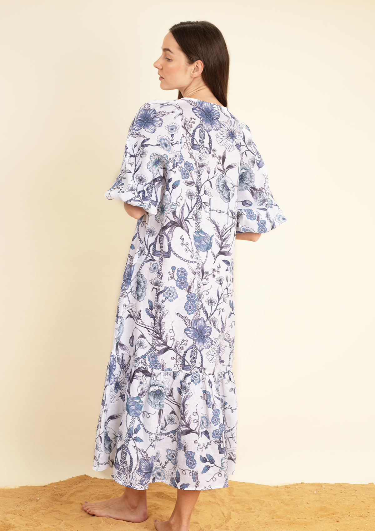 Harper Linen Dress | Botany Print Navy - Rönner