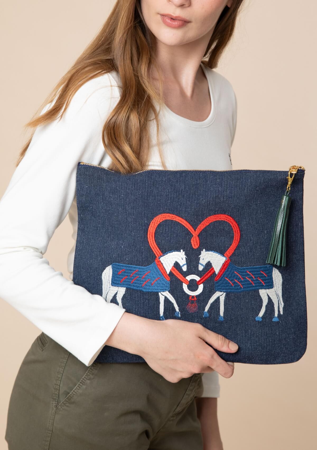 Horse Kiss Embroidered Pouch | Blue