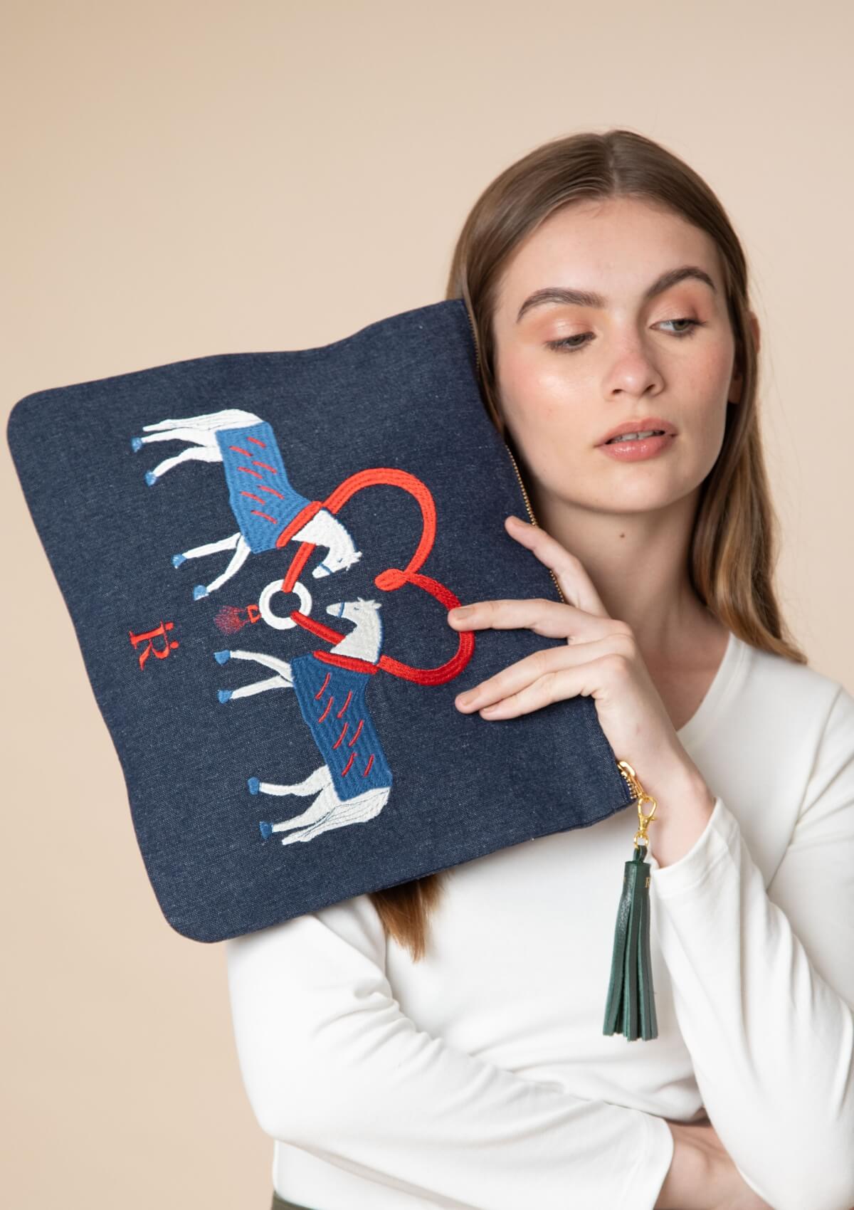 Horse Kiss Embroidered Pouch | Blue - RönnerPouchBlue