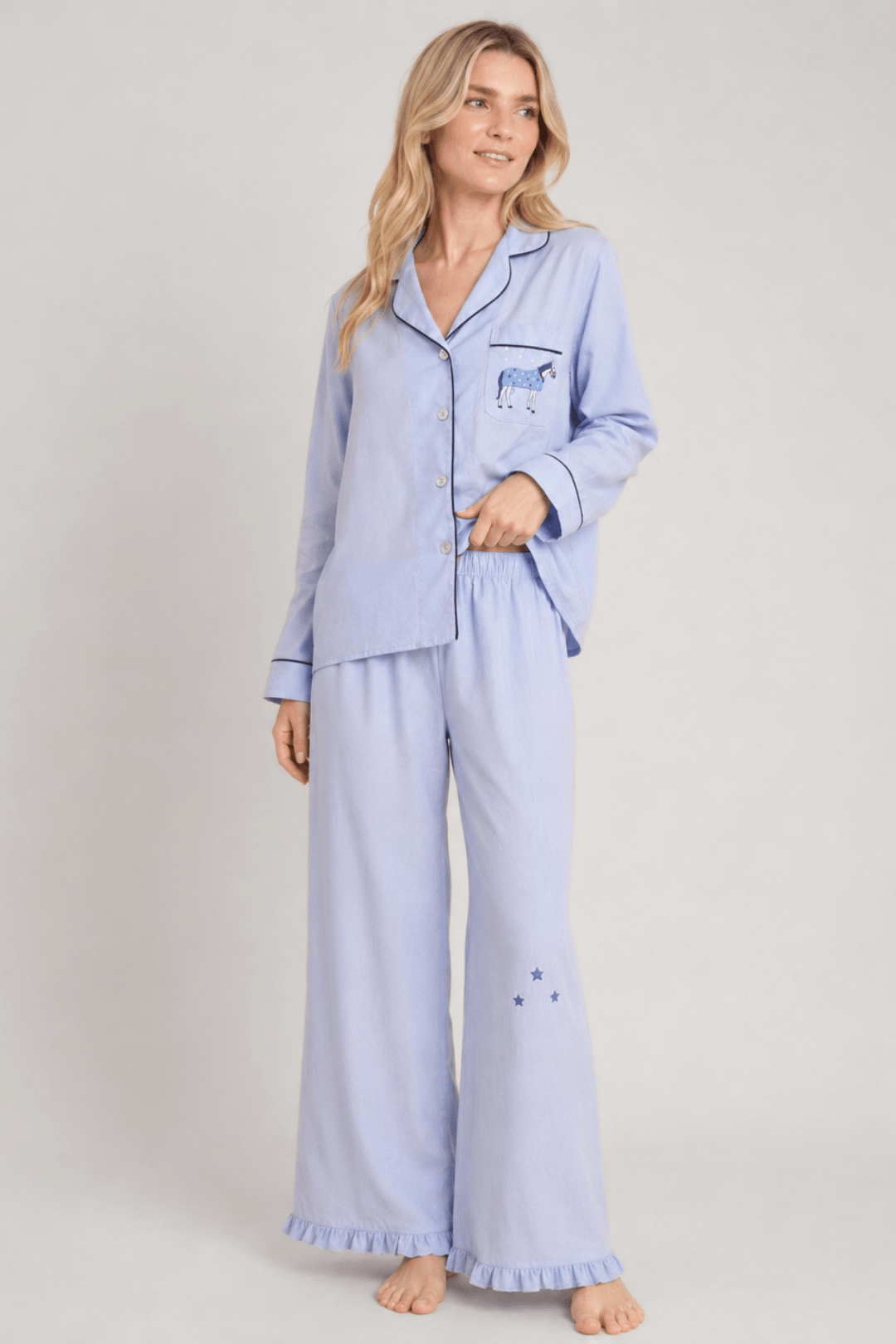 Horse Year Pajama - Embroidered - Blue on Blue - RönnerLong Sleeve SetXS