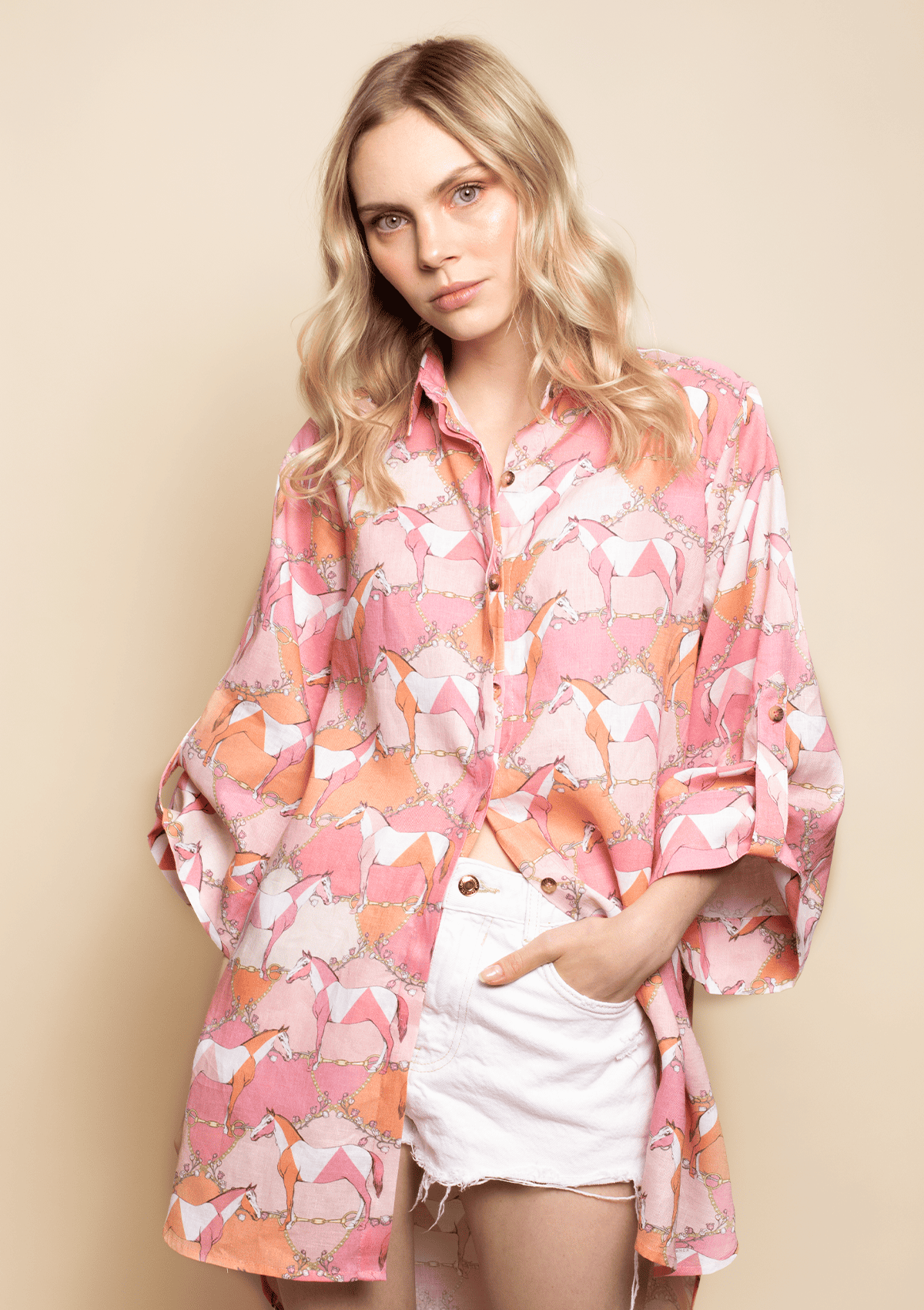 Magnolia Oversized Linen Shirt - Geo Horses Pink