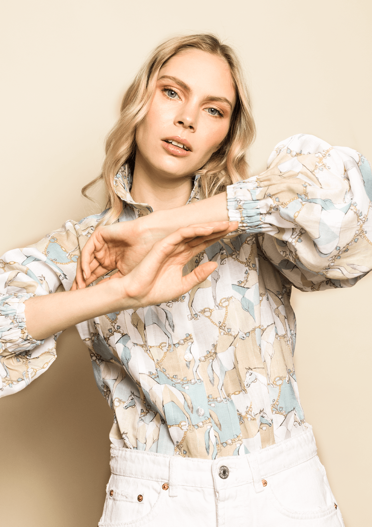 Calypso Linen Blouse | Geo Horses Print | Celeste