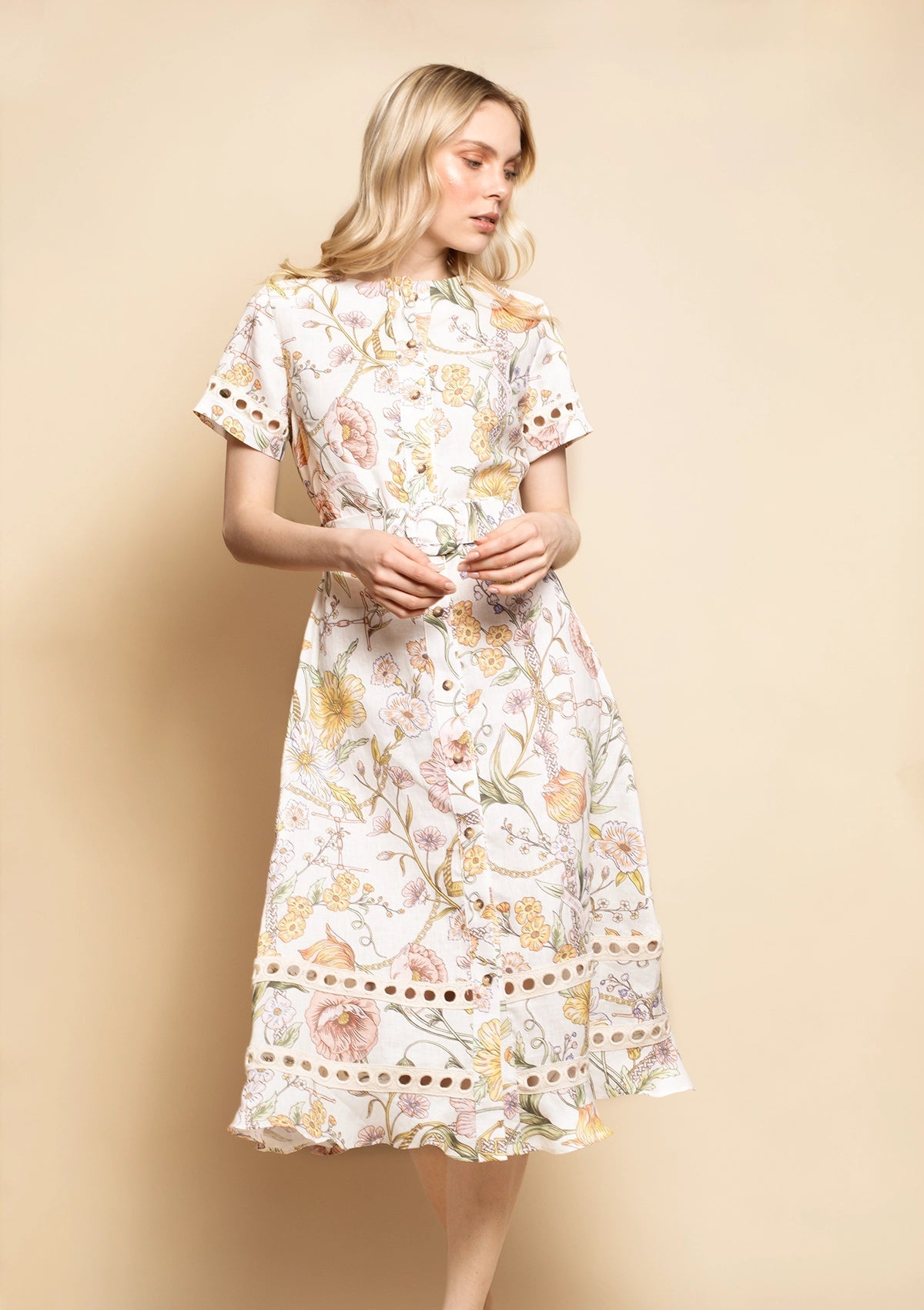 Marigold Linen Dress | Botany Print | Cream - RönnerDressXS
