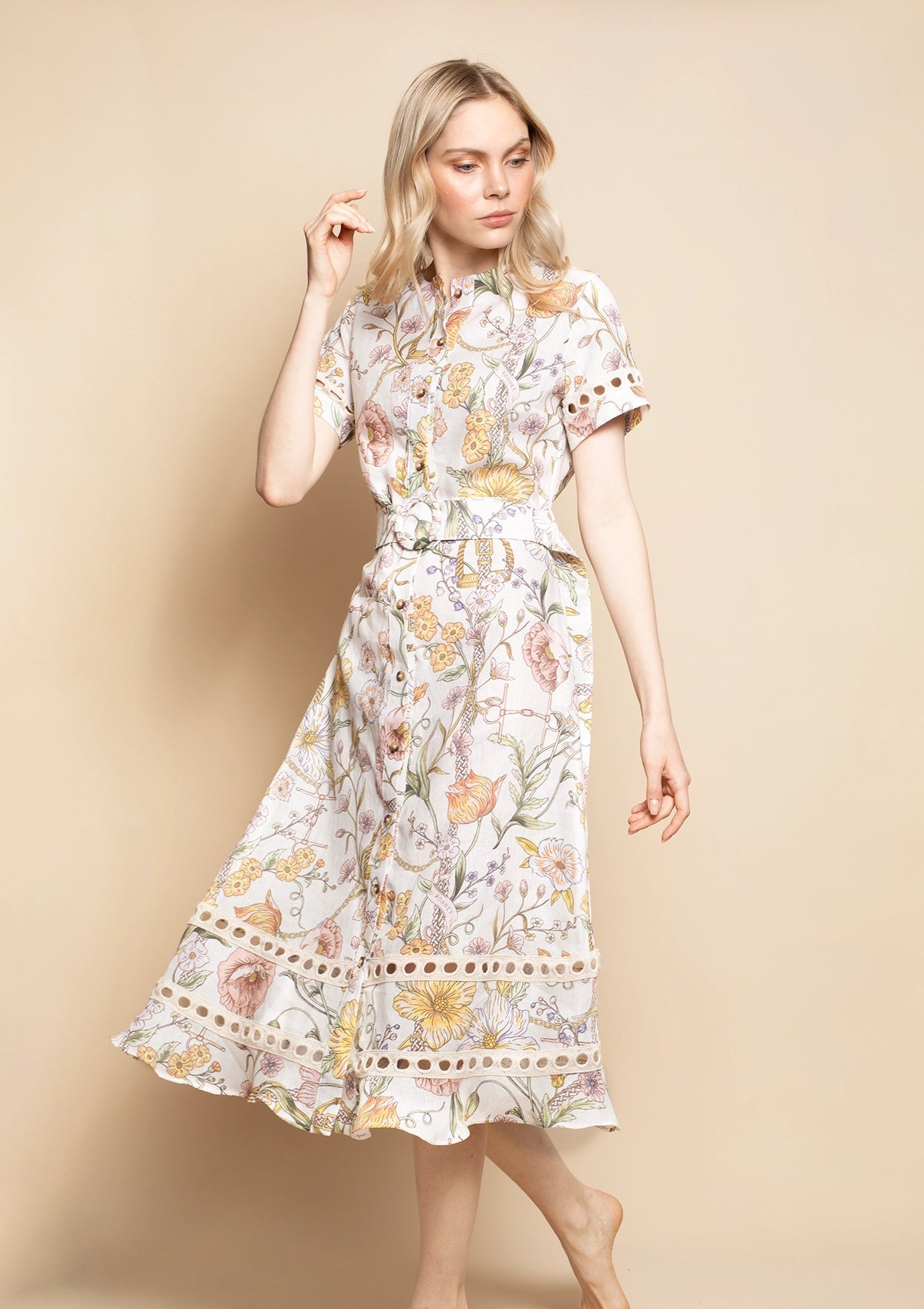 Marigold Linen Dress | Botany Print | Cream - RönnerDressXS