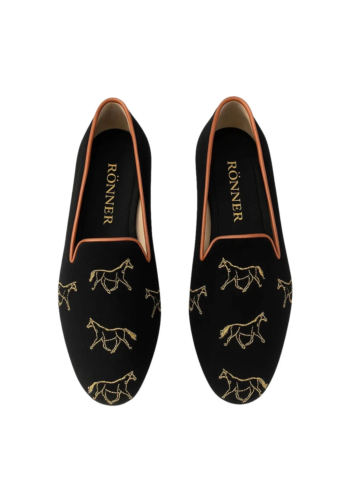 Mimosa Velvet Loafers | Horses | Black & Gold - RönnerLoafers35