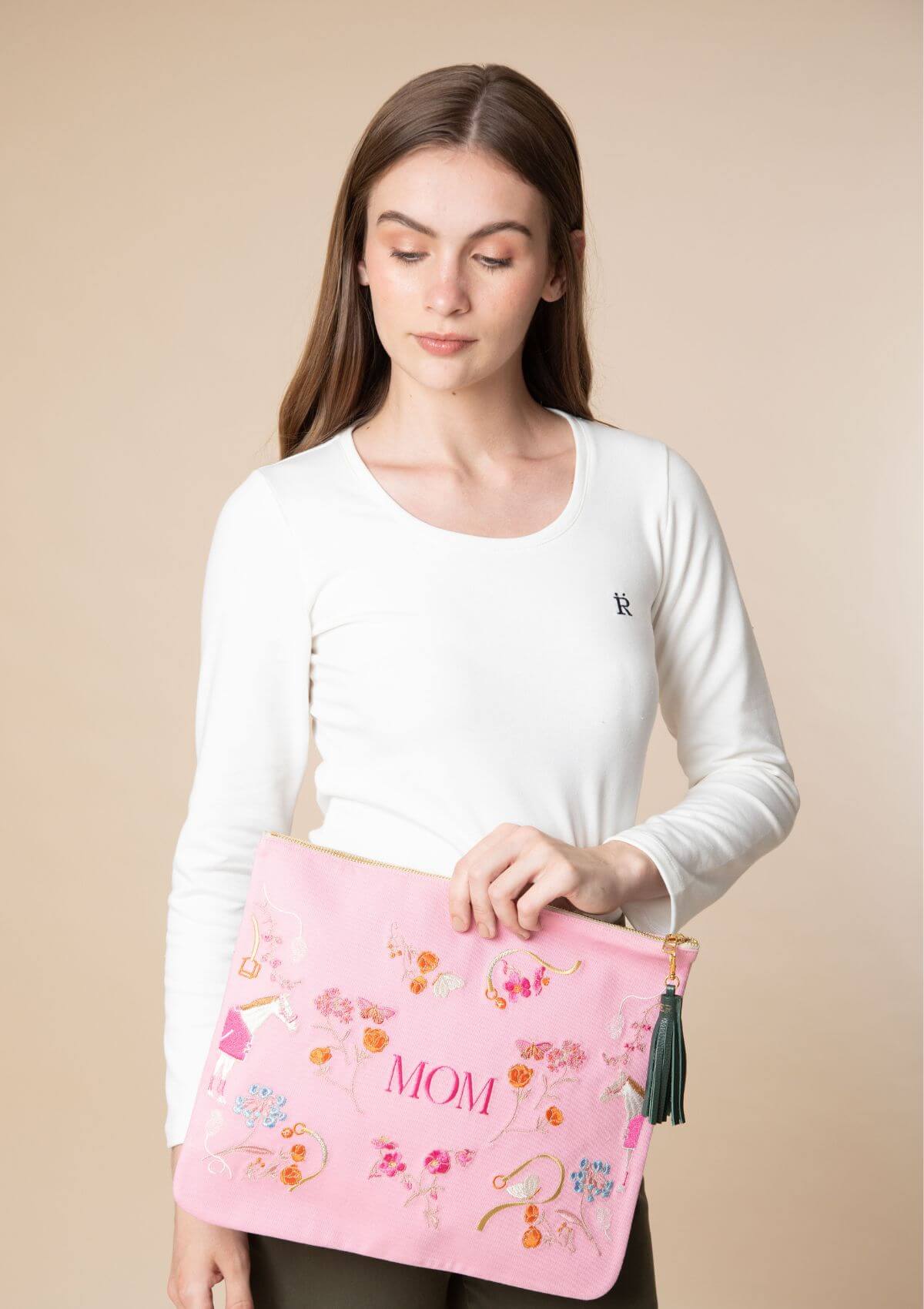 Mom Embroidered Pouch | Pink