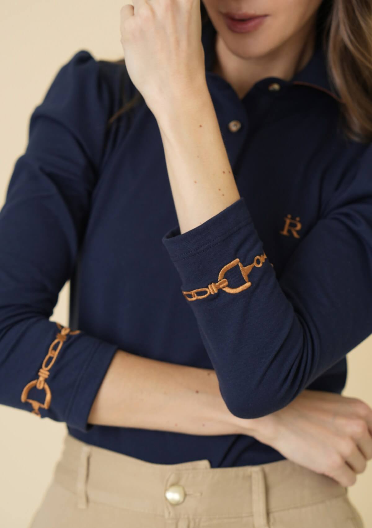The Equestrian Polo-Shirt | Long Sleeve | Navy & Cognac