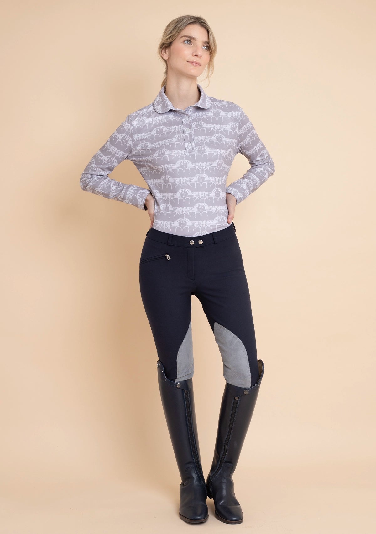 Noelia Classic Polo-Shirt Long Sleeve Steed Print | Hazelwood