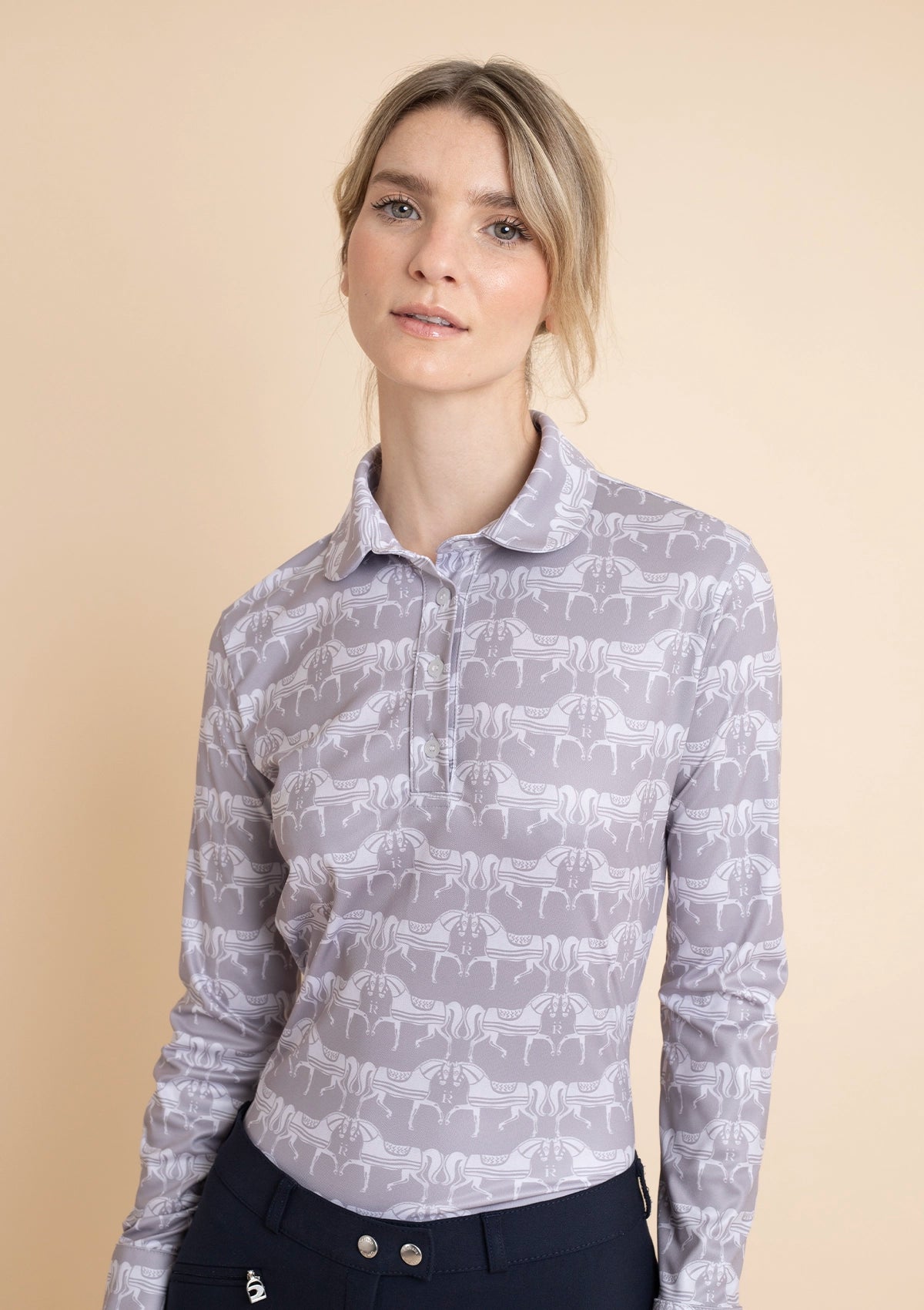 Noelia Classic Polo-Shirt Long Sleeve Steed Print | Hazelwood