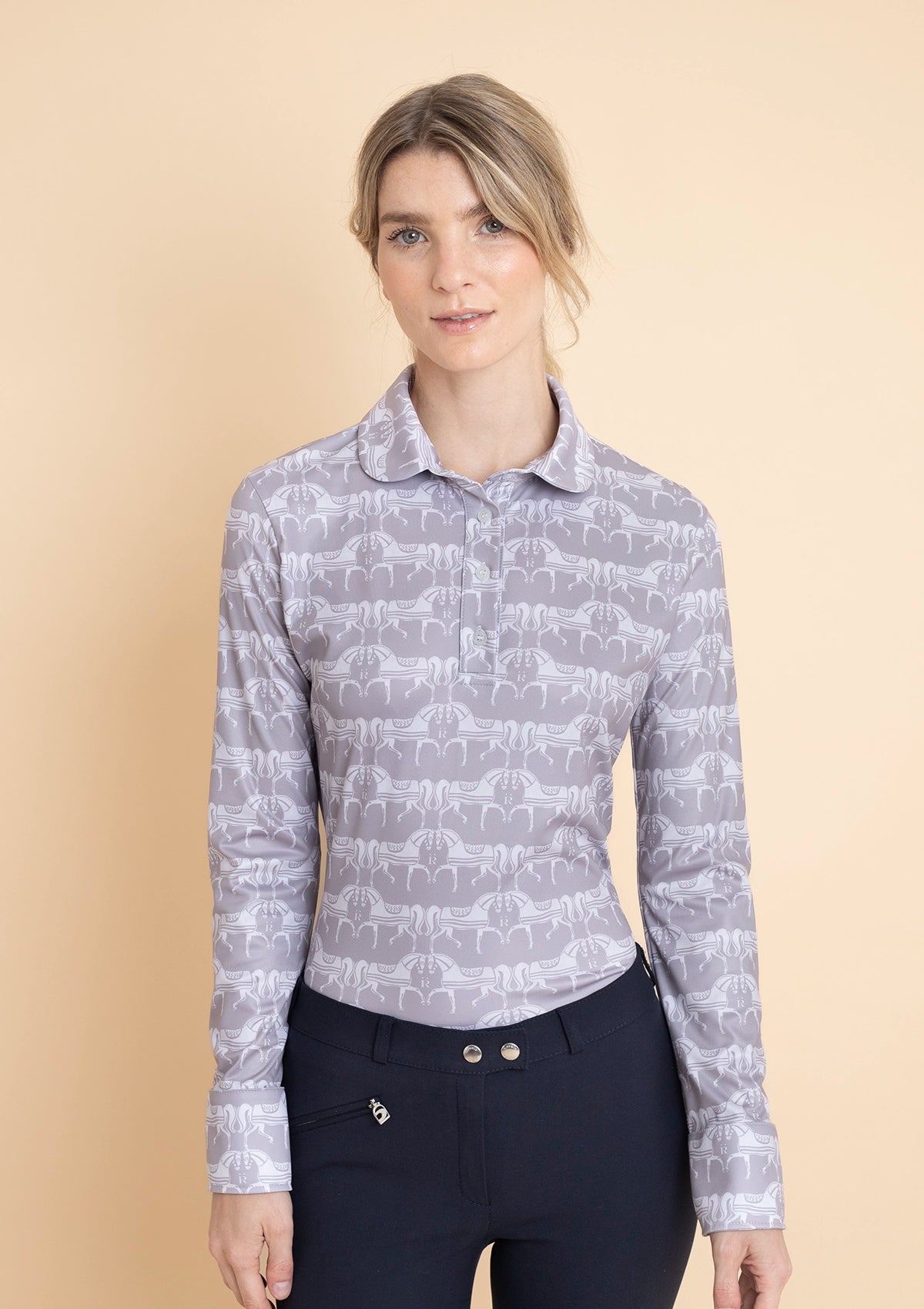 Noelia Classic Polo-Shirt Long Sleeve Steed Print | Hazelwood