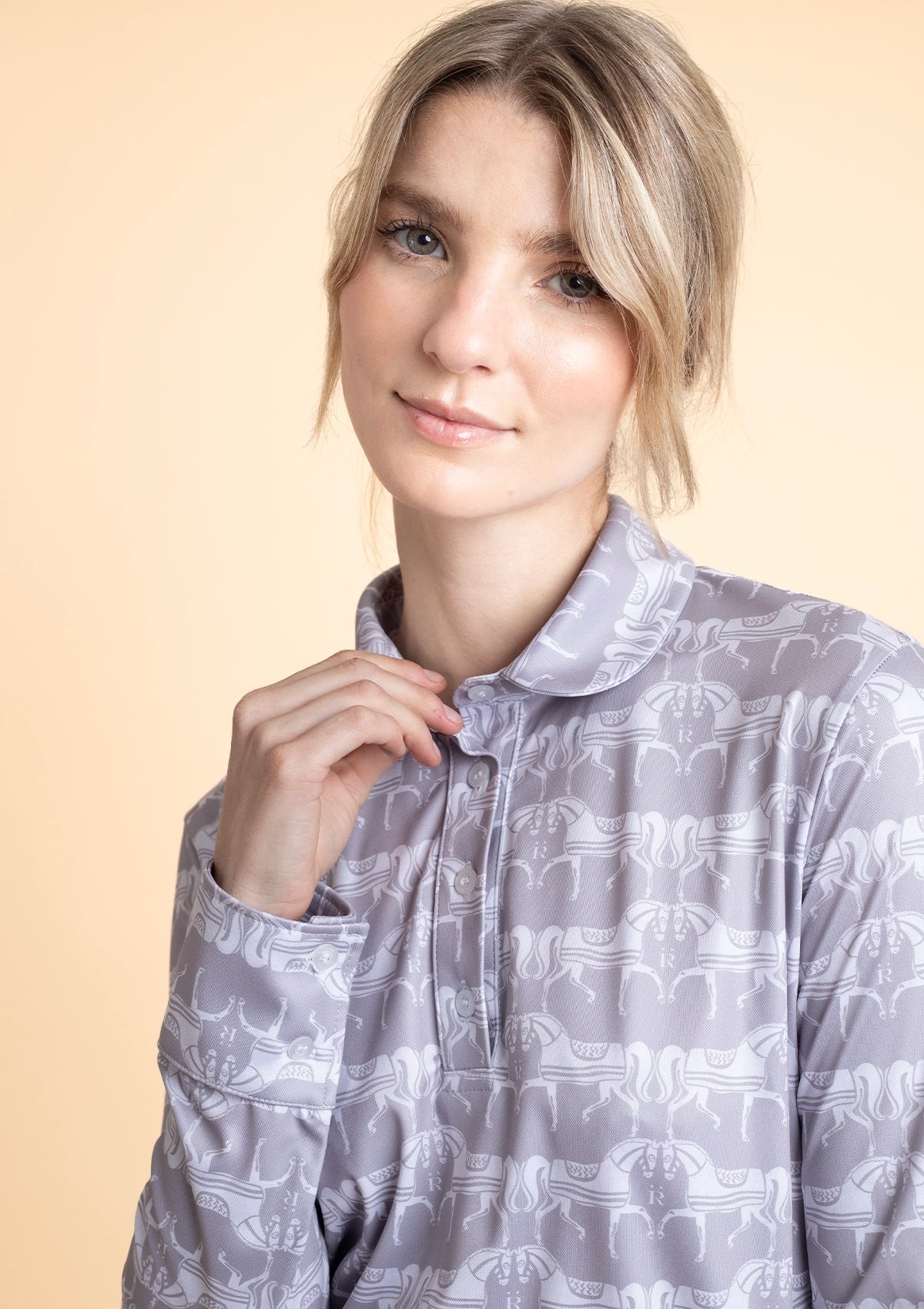 Noelia Classic Polo-Shirt Long Sleeve Steed Print | Hazelwood