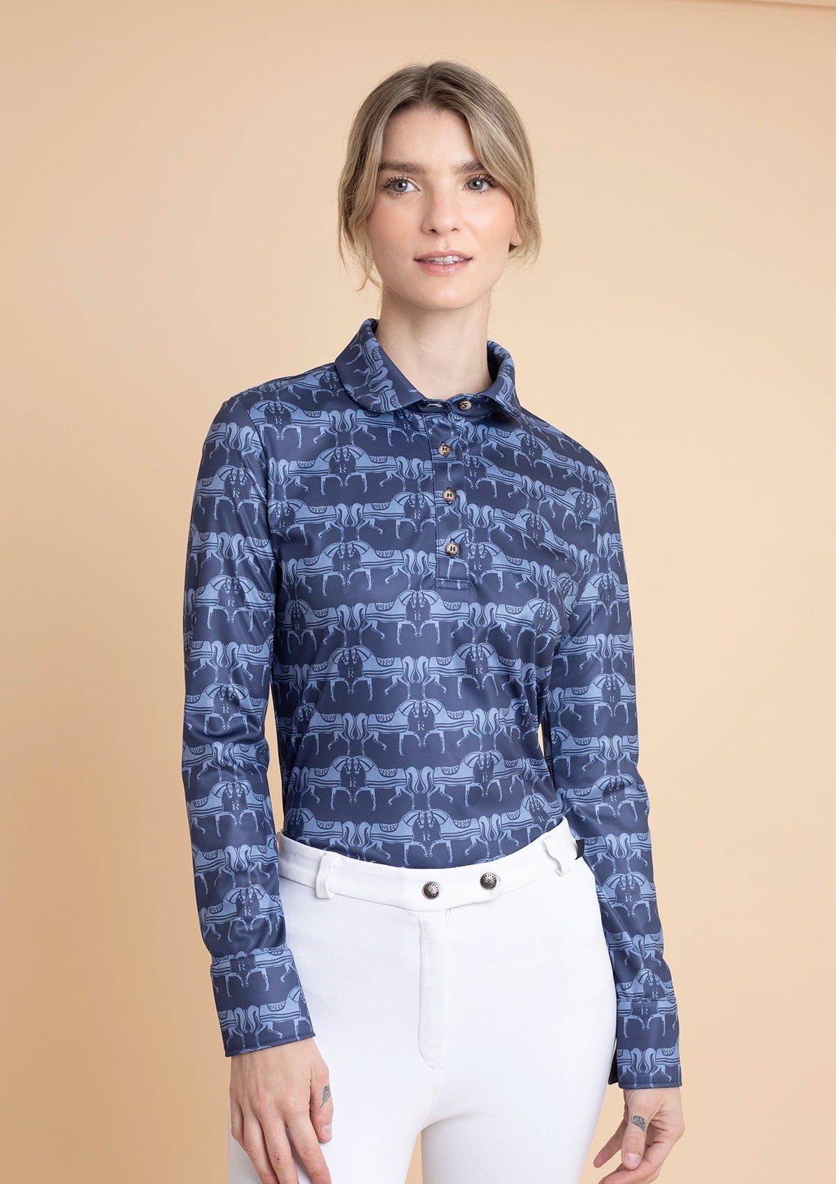 Noelia Classic Polo-Shirt Long Sleeve Steed Print | Sapphire