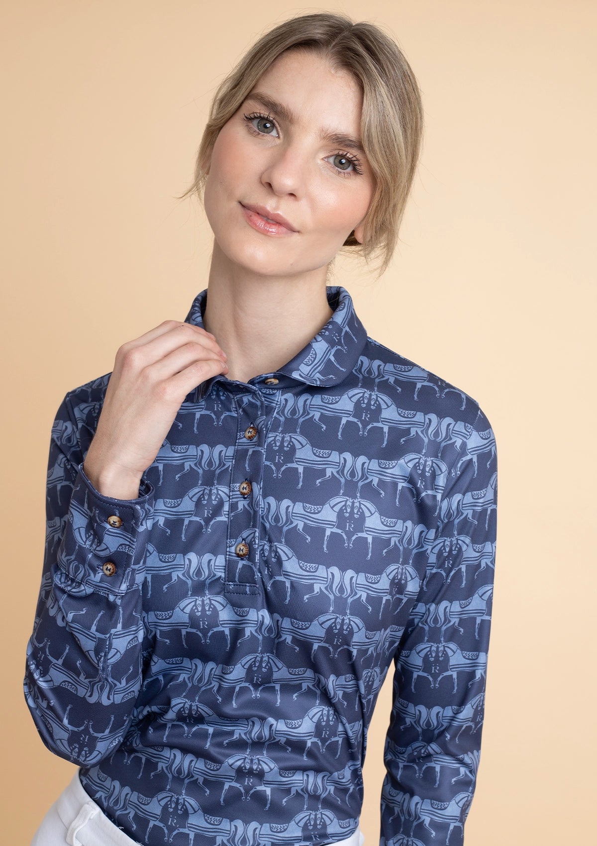 Noelia Classic Polo-Shirt Long Sleeve Steed Print | Sapphire